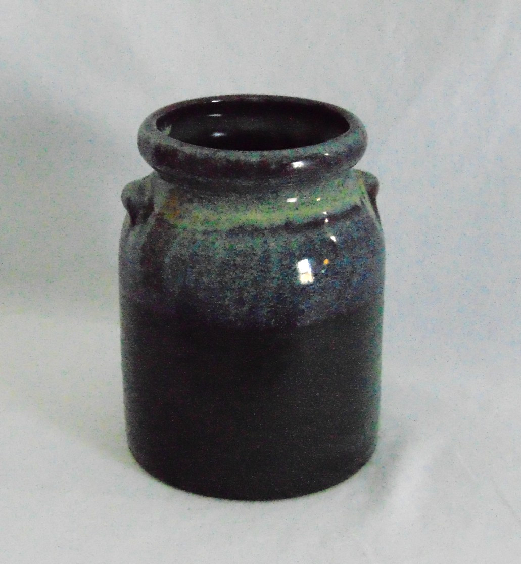 Harris Potteries Chicago IL Stoneware 8″ Vase Handles Vtg Drip Glaze Green MCM