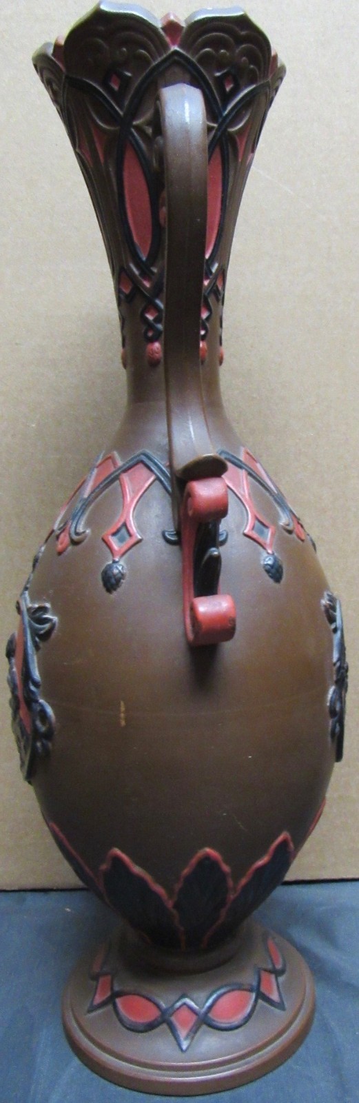 Wilhelm Schiller & Sons Brown Red Vase Urn with Relief designs 13.5 inches