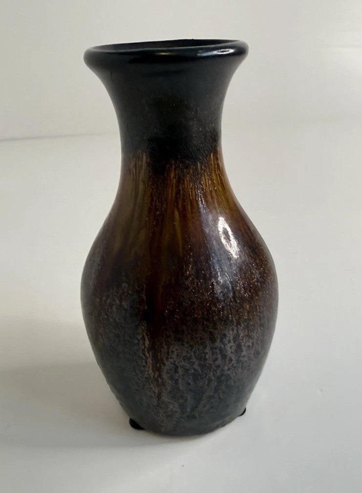 Studio Pottery 5” Flower Bud Vase Tan Brown Drip Glaze Hourglass Curved Shaped