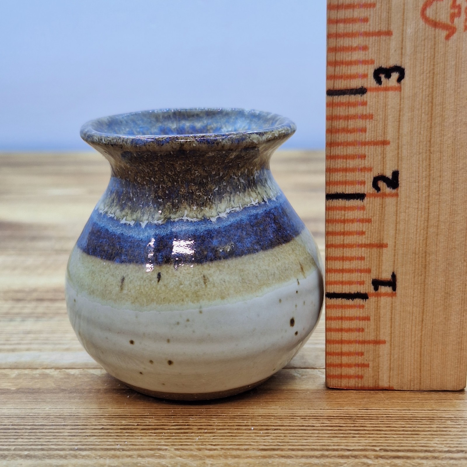 Art Pottery Drip Glaze Mini Bud Vase Purple Blue Brown 3″ Tall Stoneware