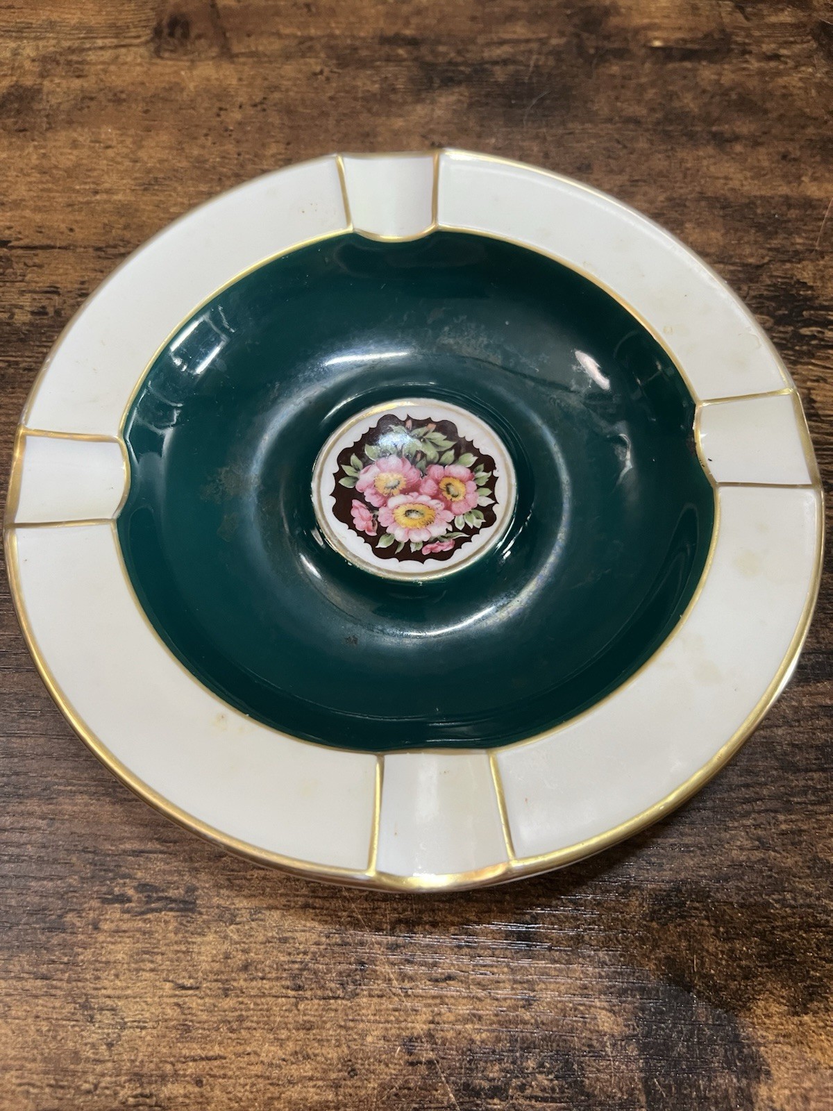 Vintage Schumann Arzberg Germany Porcelain Ashtray Green Gold Floral 7.5
