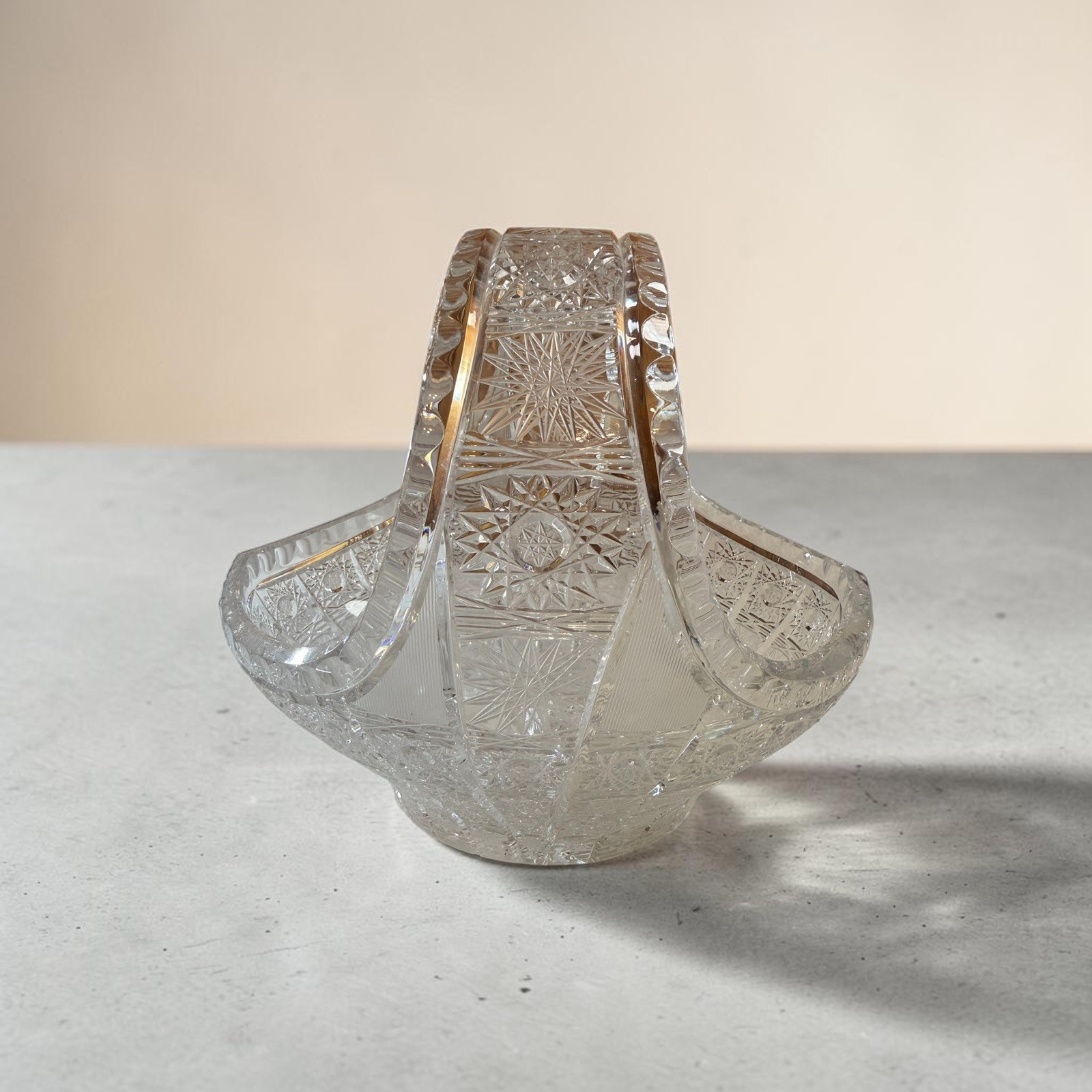Bohemian Czech hand-cut crystal basket featuring a diamond and hobstar pattern.