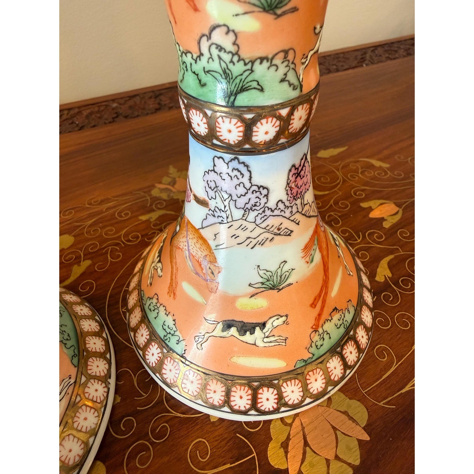 Chinoiserie Porcelain Candlestick Holders | Vintage Orange & Blue Pair 10.25″