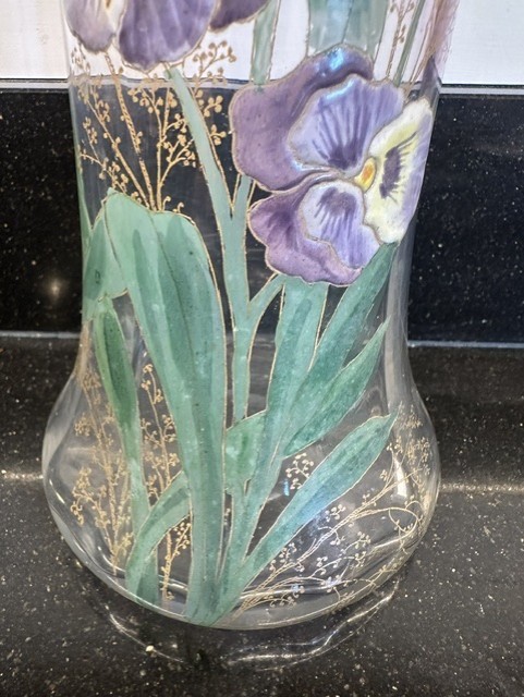 ANTIQUE GORGEOUS MONT JOYE LEGRAS FRENCH ART GLASS VASE WITH ENAMELED PANSIES