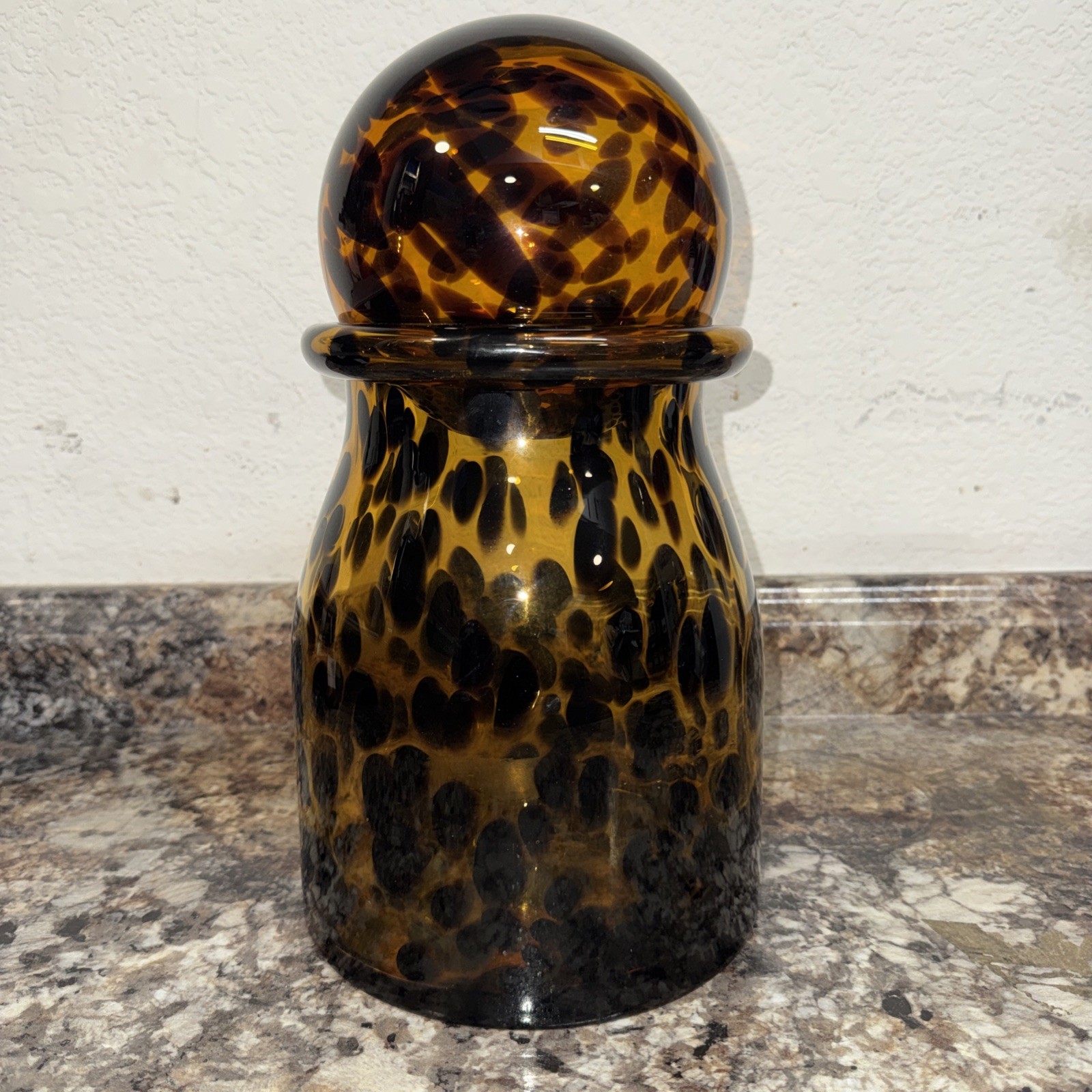 Vintage Amber Tortoise Spotted Art Glass Vase – Hand-Blown MCM Round Topper 12.5