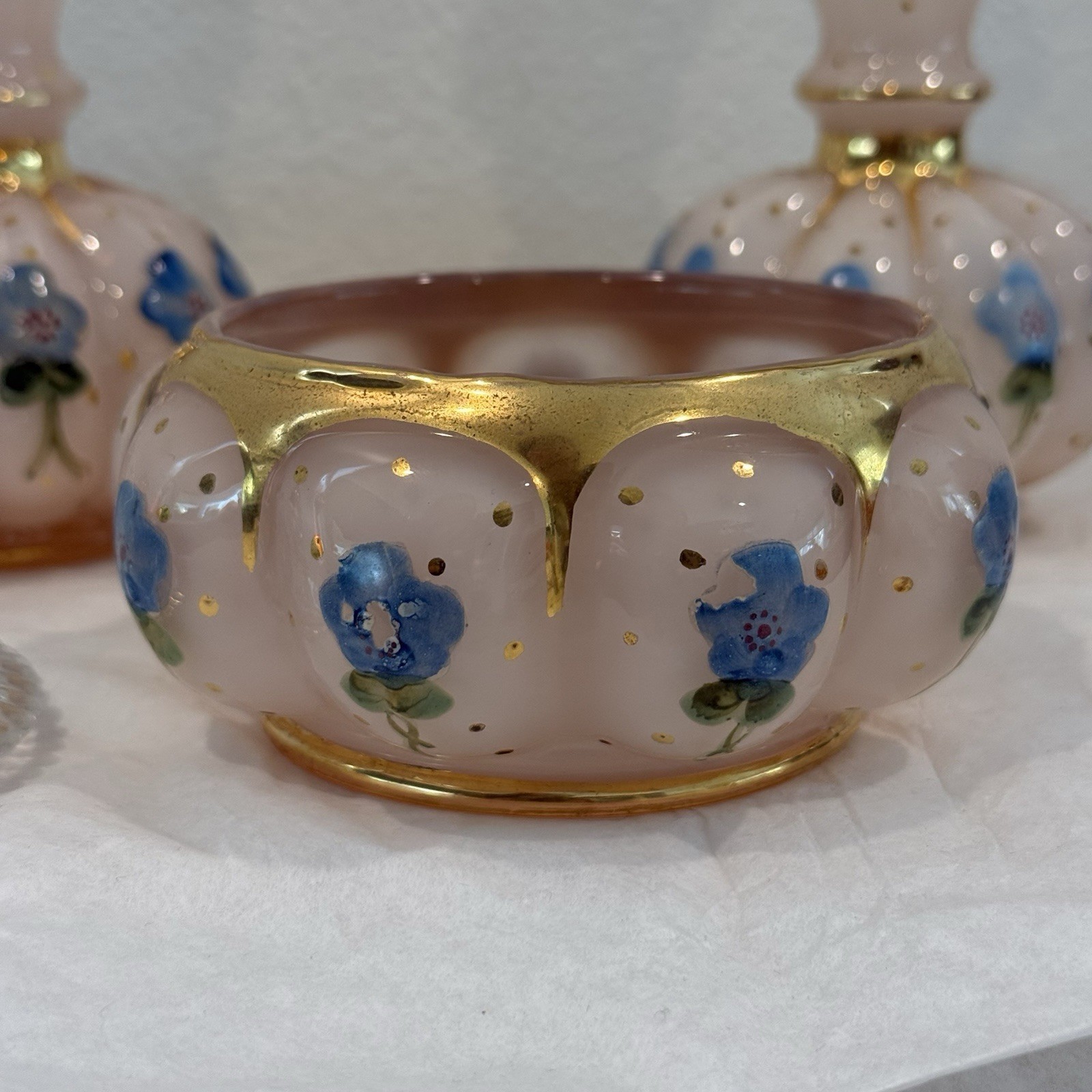 Fenton Charleton Hand Painted Pink Vanity Set Melon Perfume Bottles & Powder Jar