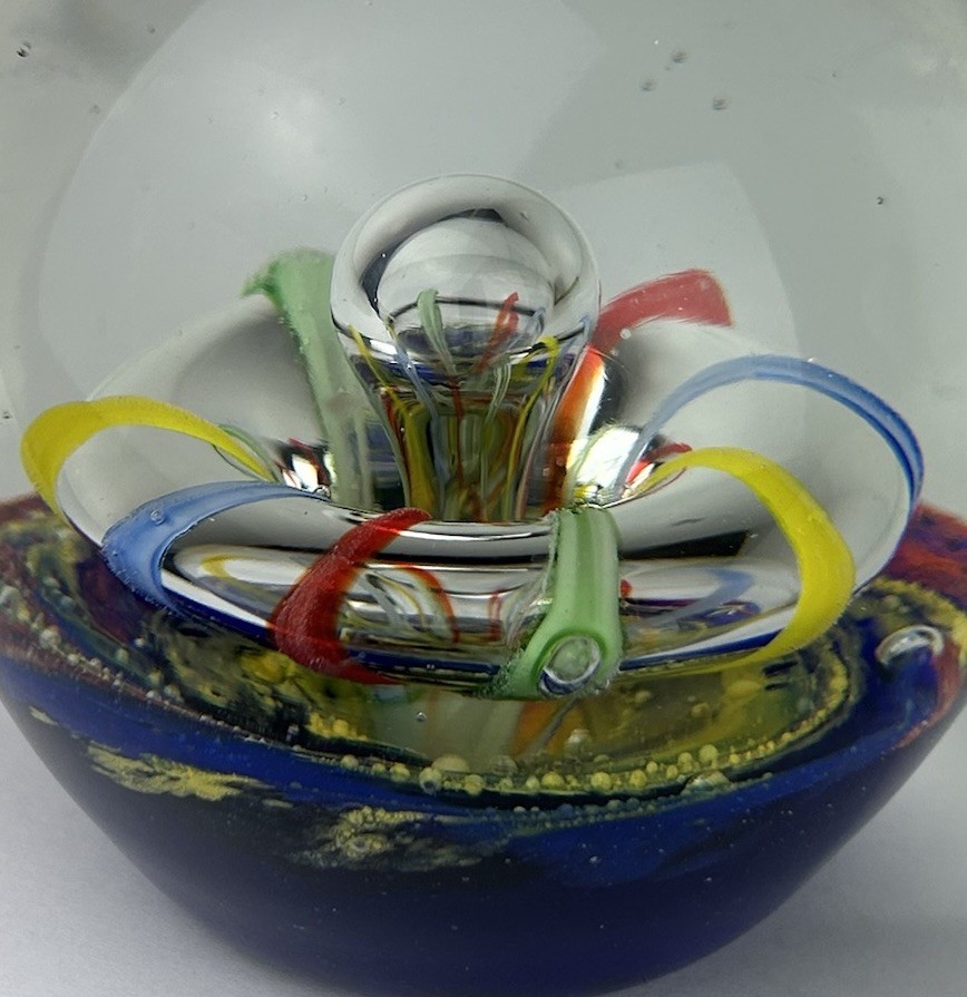 Vintage Art Glass Swirl Bubble Hand blown Paperweight Sulfur Press colorful