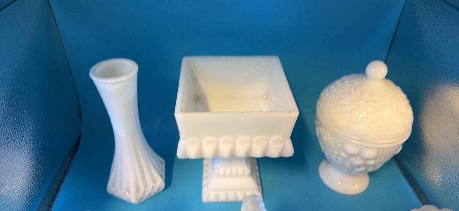 Vintage White Milk Glass Lot Bud Vase Covered candy Jar Compote Candle Holders