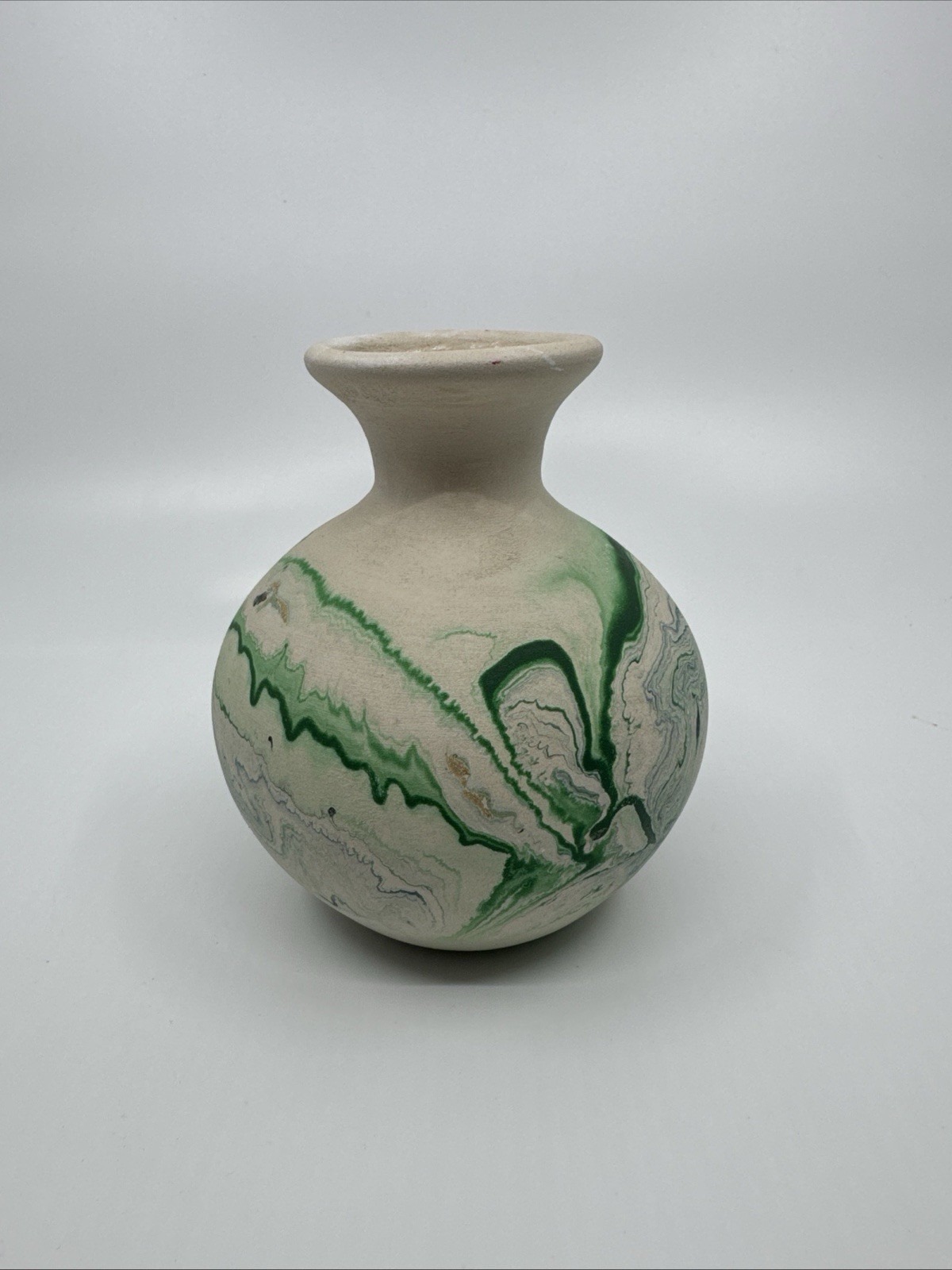 Vintage Nemadji Pottery Vase 4.75in Green Swirl Handmade USA Art Home Decor
