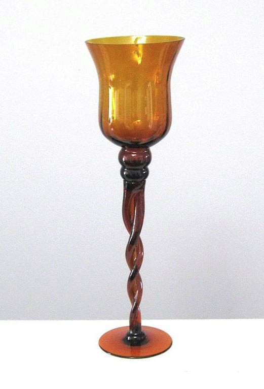 Vtg EMPOLI 15.75″ Tall AMBER ART GLASS TWISTED STEM CANDLE HOLDER Italy MCM