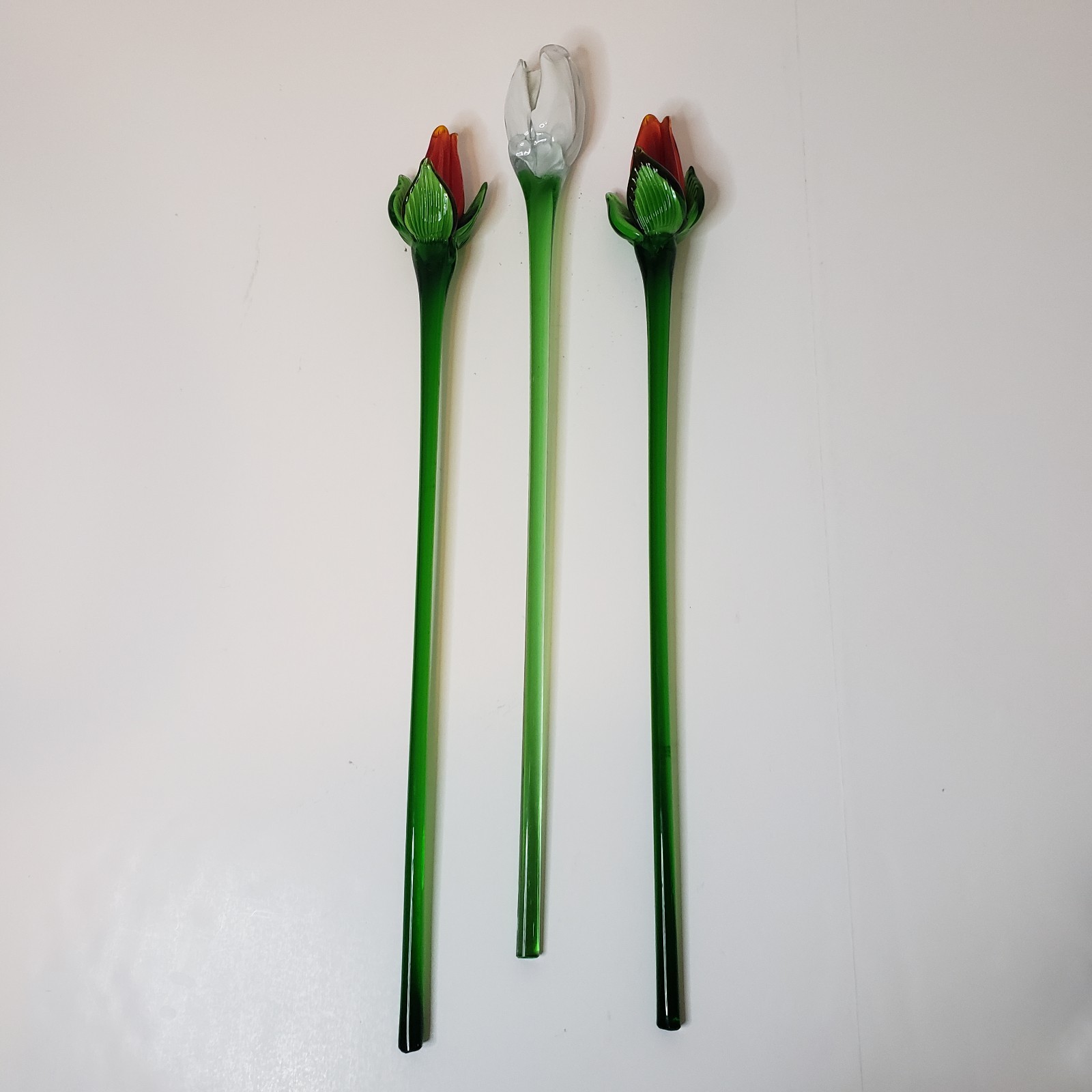 Lot Of 3 Hand Blown Art Glass 19.5″ Long Stem Red And White Roses Flower