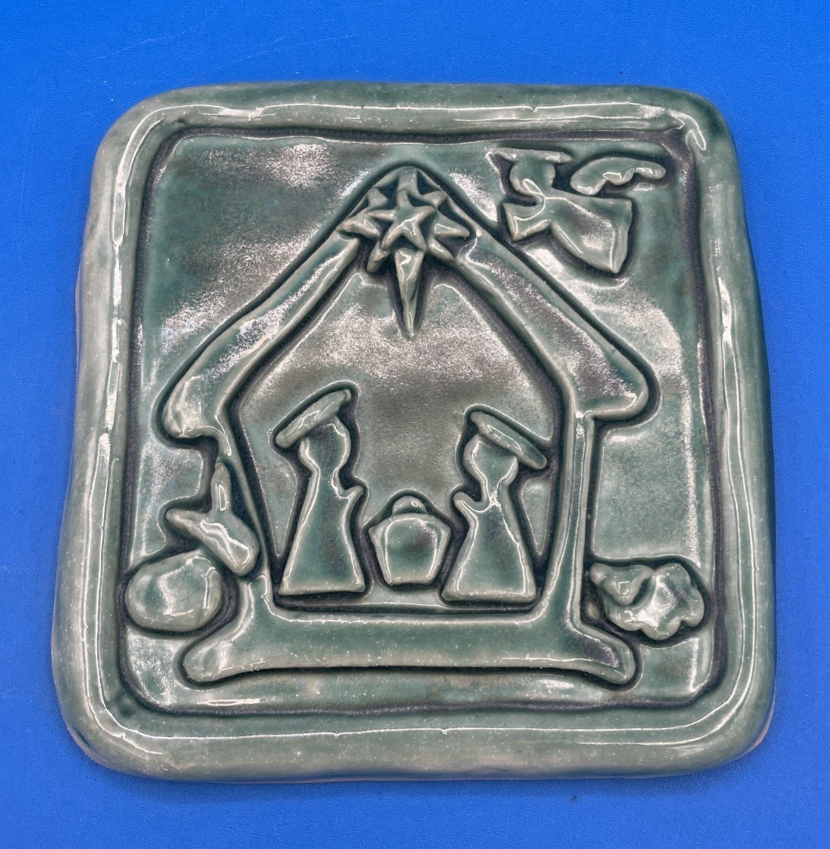 Ceramic Art Pottery Tile THE NATIVITY Green Glaze 3D Relief Artist Signed 5×5″