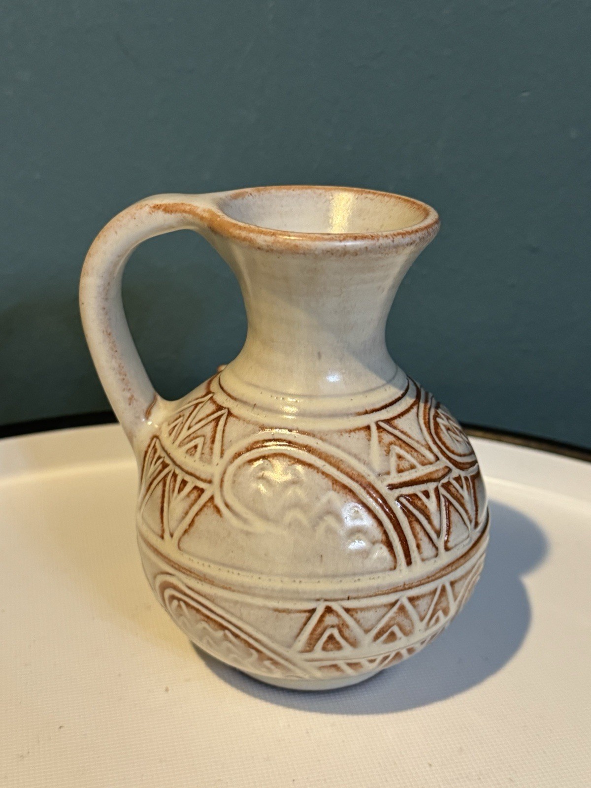 CHS Cyprus Handicrafts Studio Sgraffito Carved Pottery Pitcher Ewer Vase 4.5”