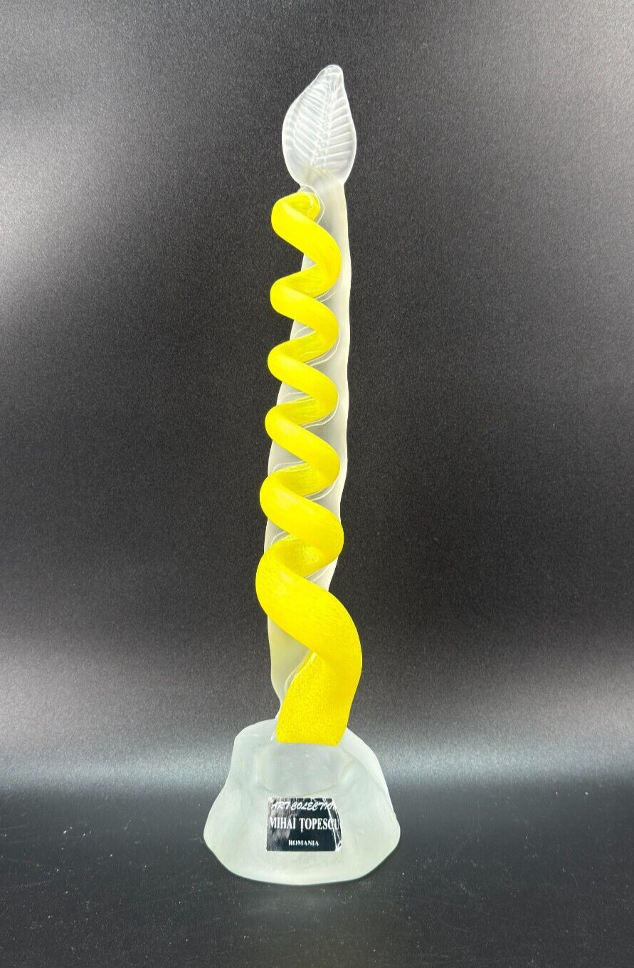 Mihai Topescu Signed Art Glass Candlestick Holder 12” Yellow Abstract Romania