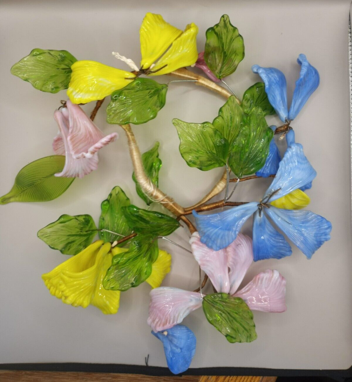Glass Flowers & Leaves on a Vine Adjustable Hanging Wall Art Possibly Murano