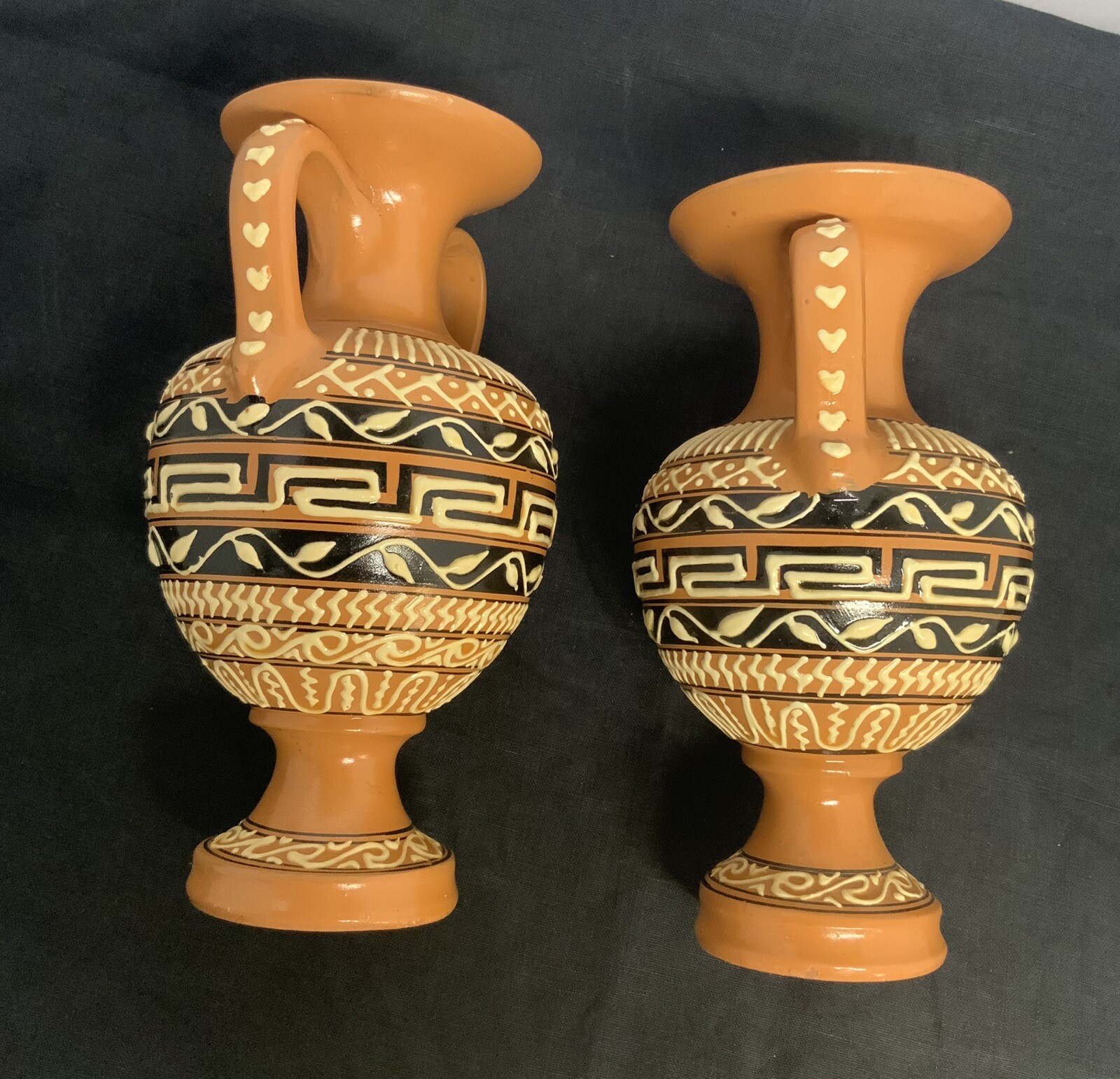 2 Greek Ewer Ceramic Vessel Vases Hand Made And Painted In Greece Mediterranean