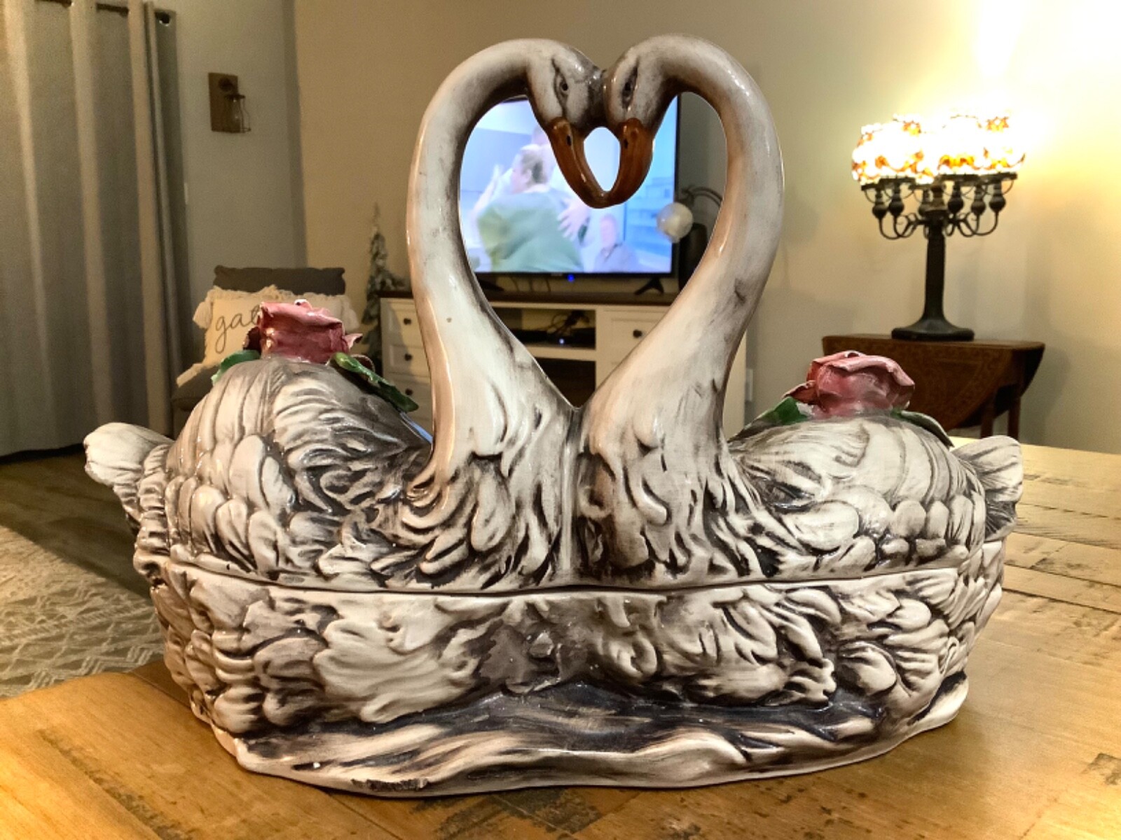 RARE VINTAGE 1950s CAPODIMONTE ITALY DOUBLE SWANS TRINKET BOX COOKIE JAR
