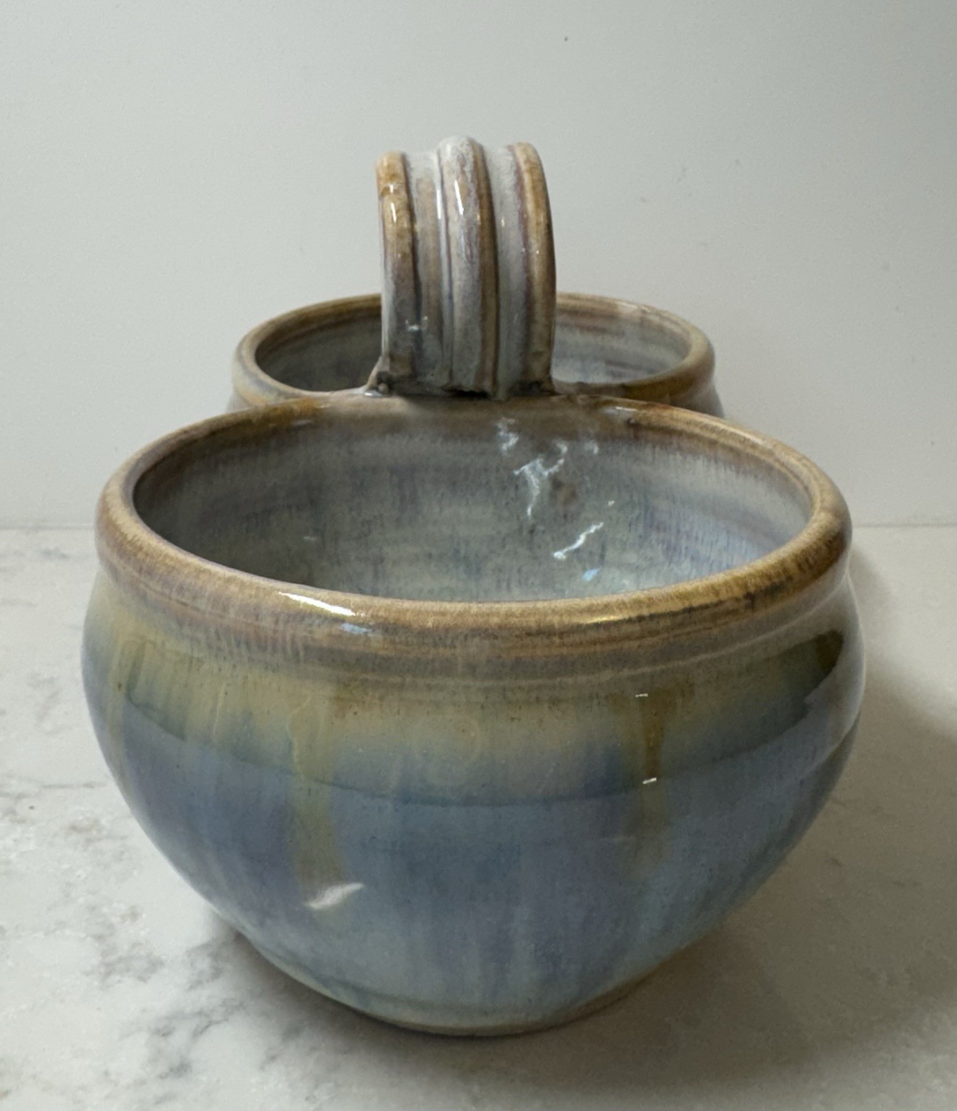 Studio Art Pottery Glazed Blue & Brown Server/Planter W/ Two Bowls Stamped