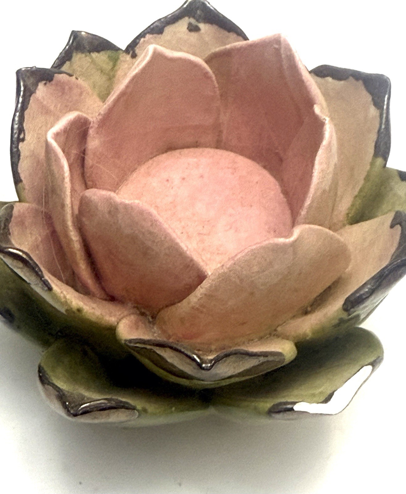 2 Lotus Ceramic Candle holder (s) 36 Detailed Flower Petals 4×2.75” Pink & Green