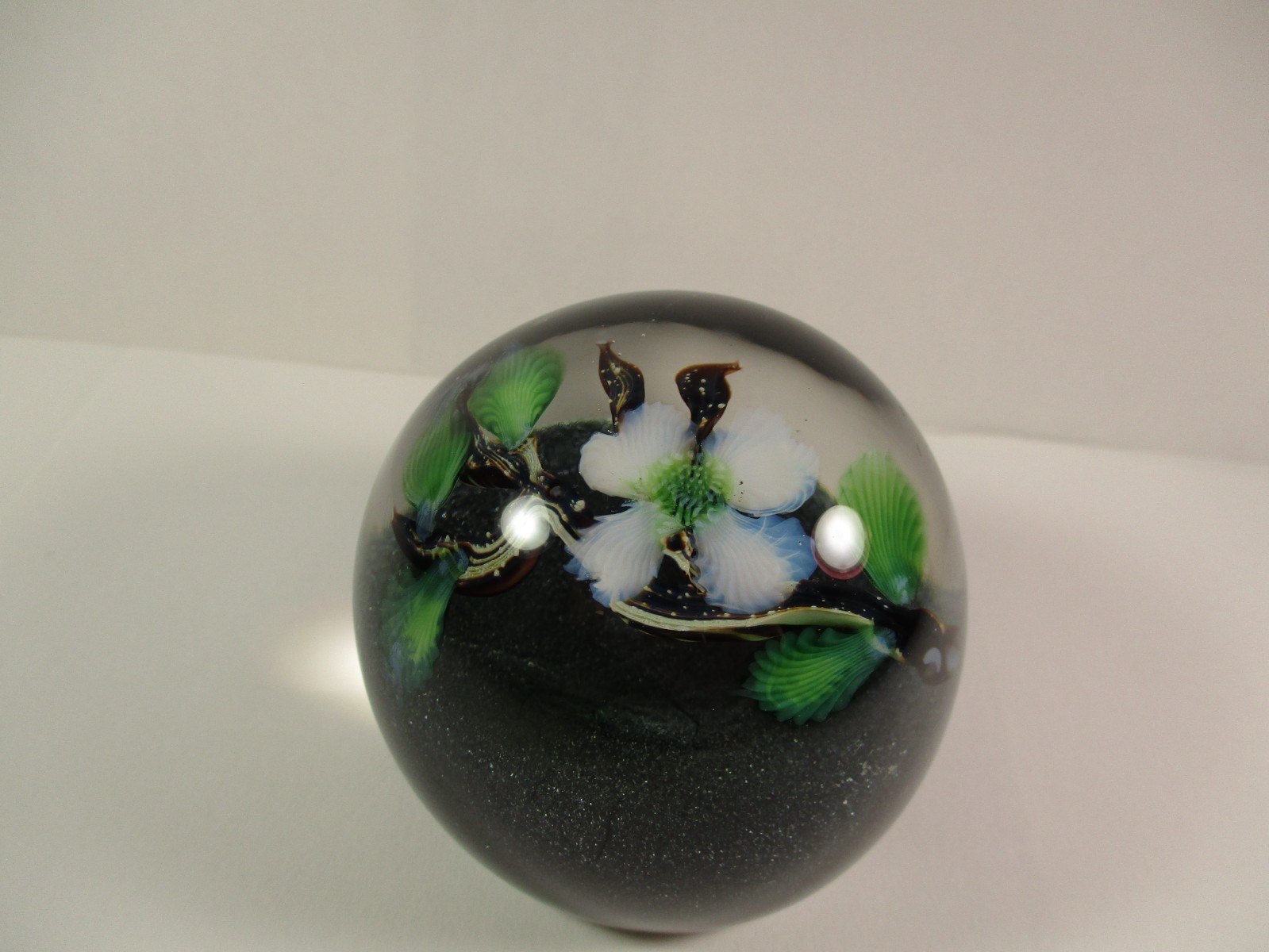 Vintage Flower And Leaf Design Hand Blown Signed Art Glass Paperweight Signed