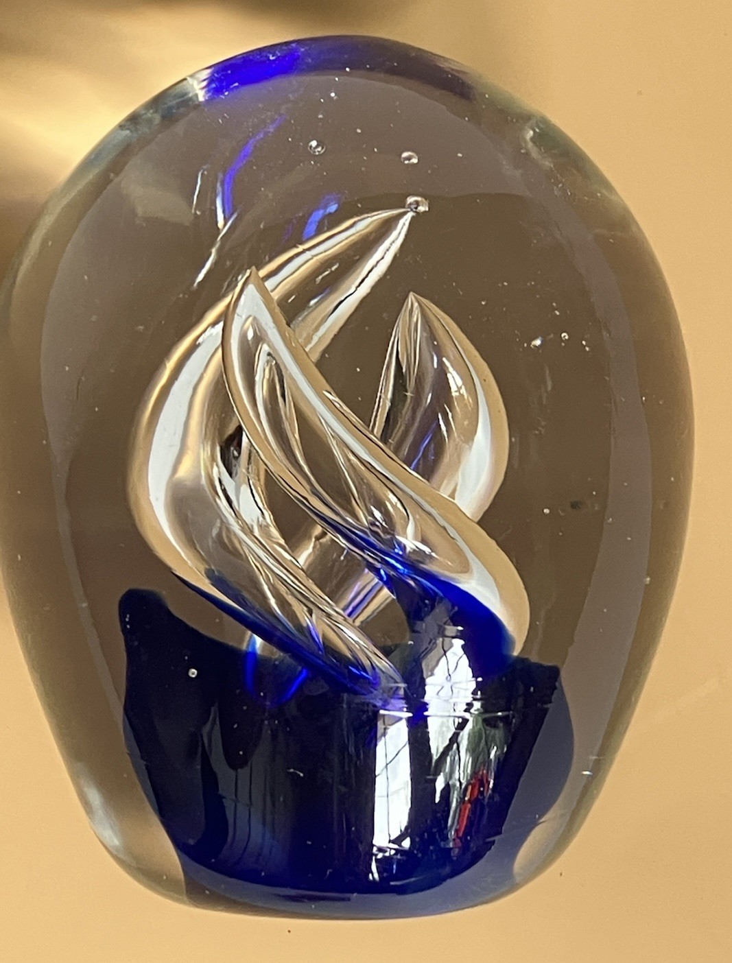 Cobalt Blue And Clear Swirl Glass Paperweight 4 X 3.5 Inches