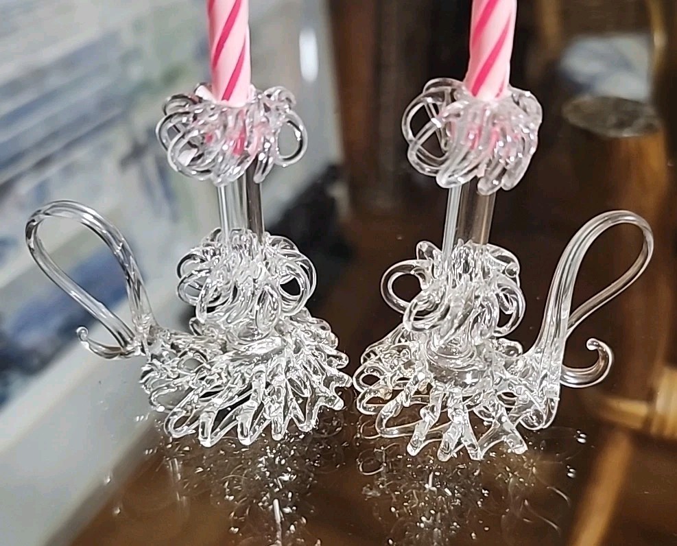 VTG Spun Glass Candle Holders Dollhouse Delicate 2.25″ T Clear