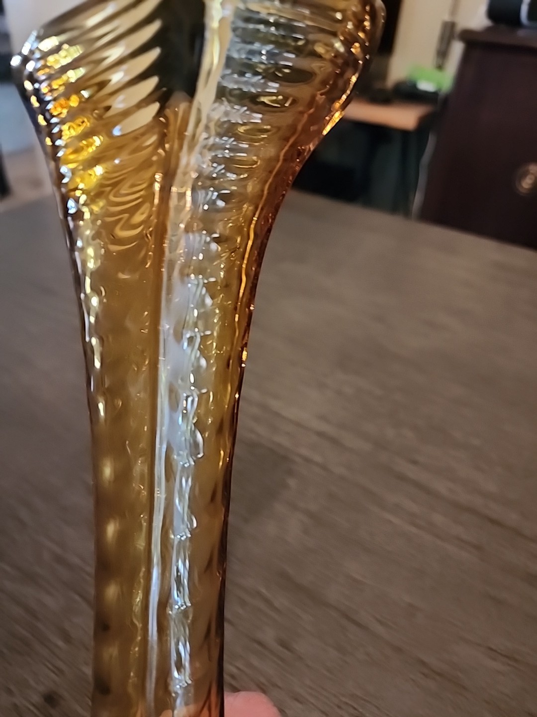 Vintage Amber Glass Ripple Drapery Swung Vase 10 3/4″ Tall