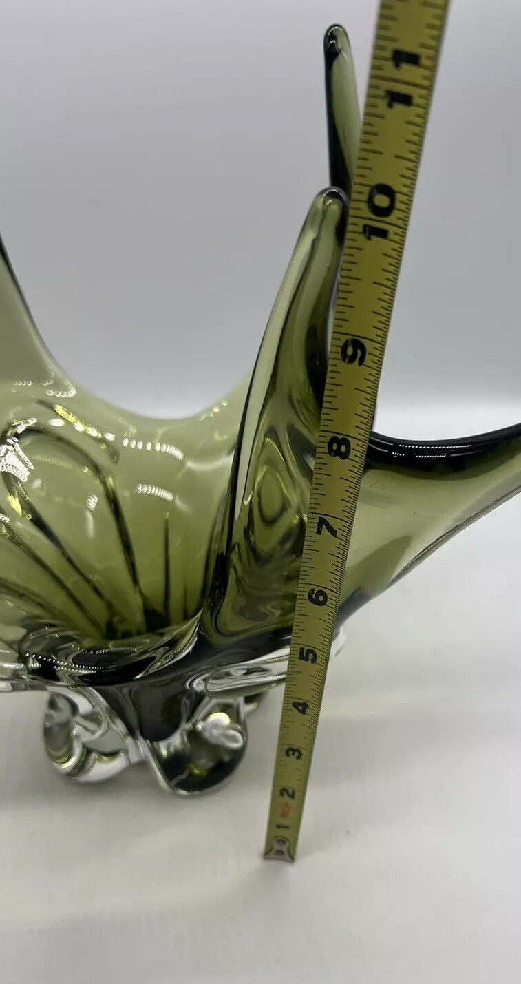 VTG CHALET Lorraine SPLASH 8 Point Olive Green to Clear Art Glass Large Vase