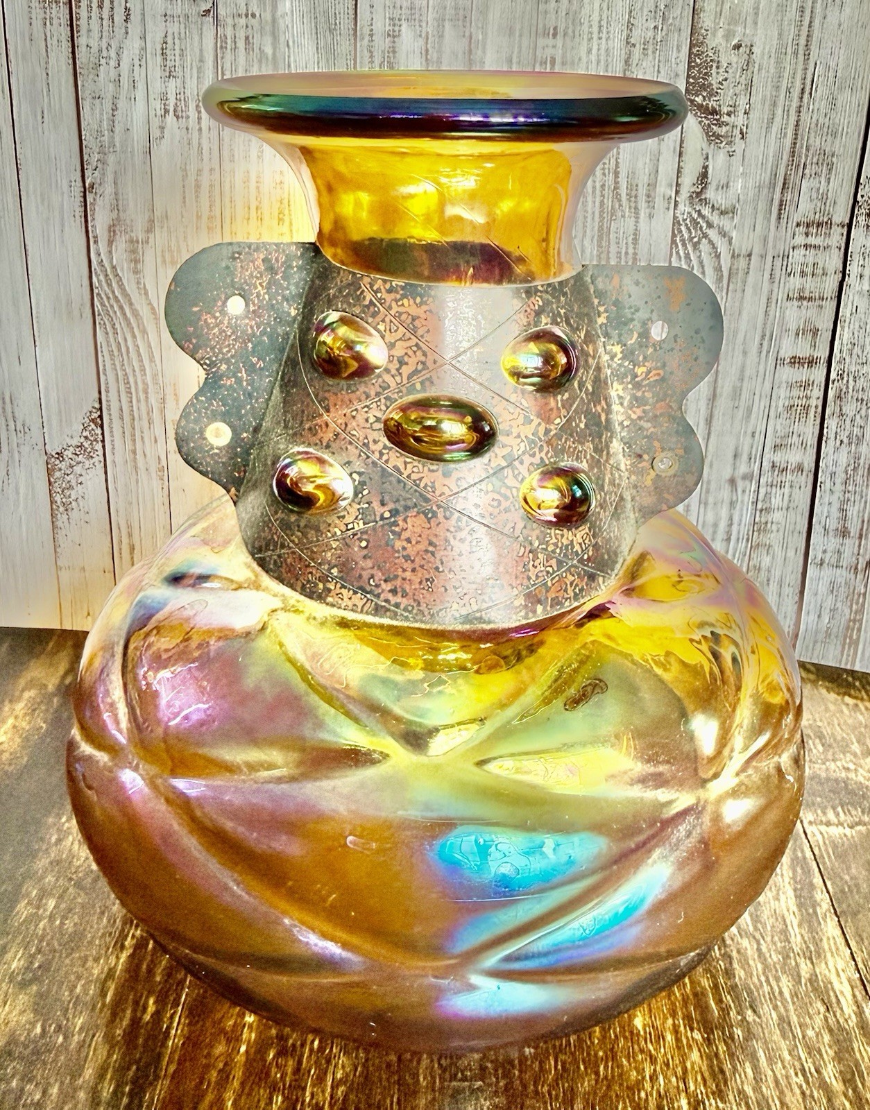 Silvestri Mouth Blown Iridescent Glass Vase Copper Cuff Brutalist Italian 7″