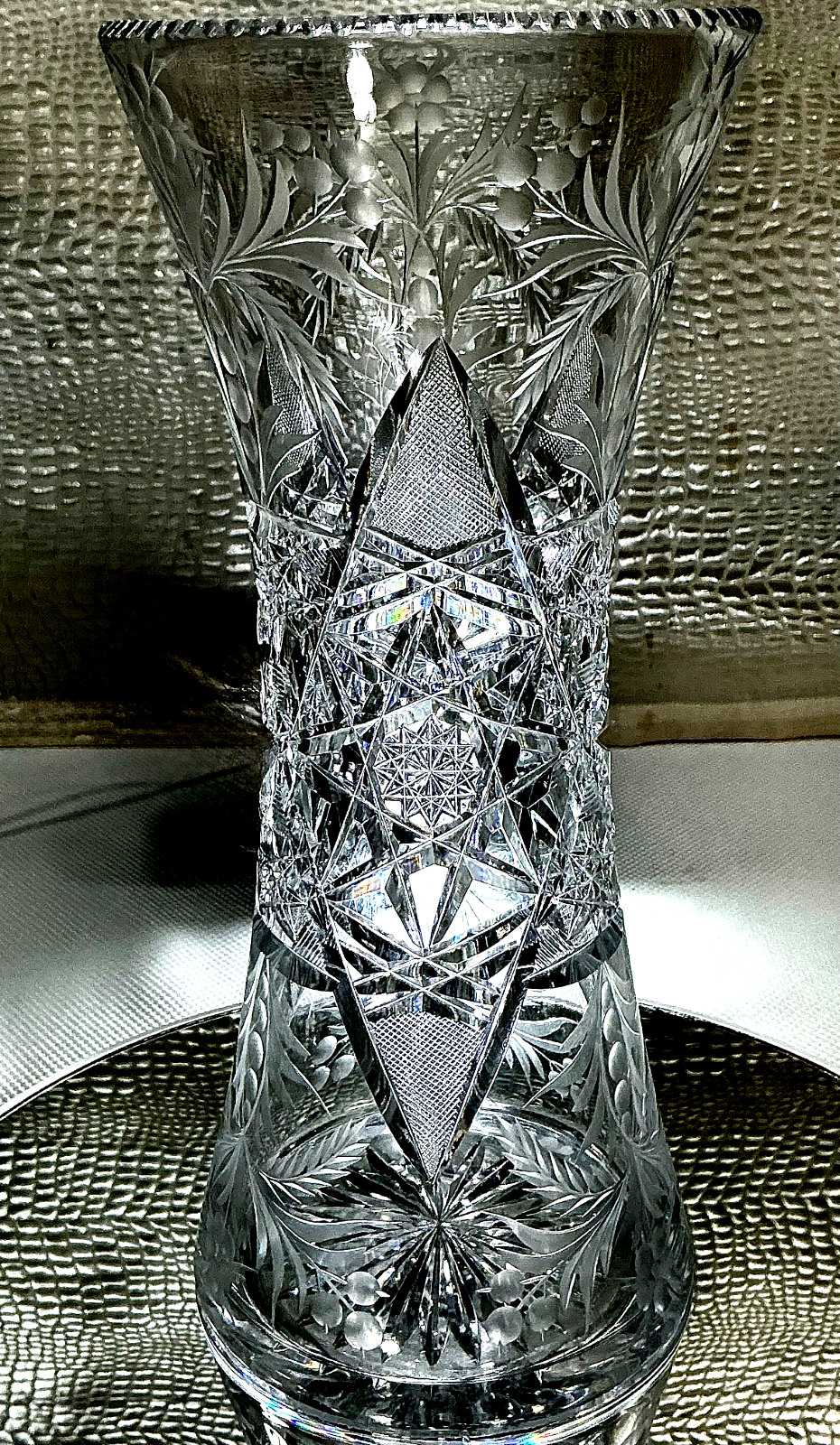 Tuthill Signed American Brilliant Period ABP 12” Cut Glass Crystal Corset Vase