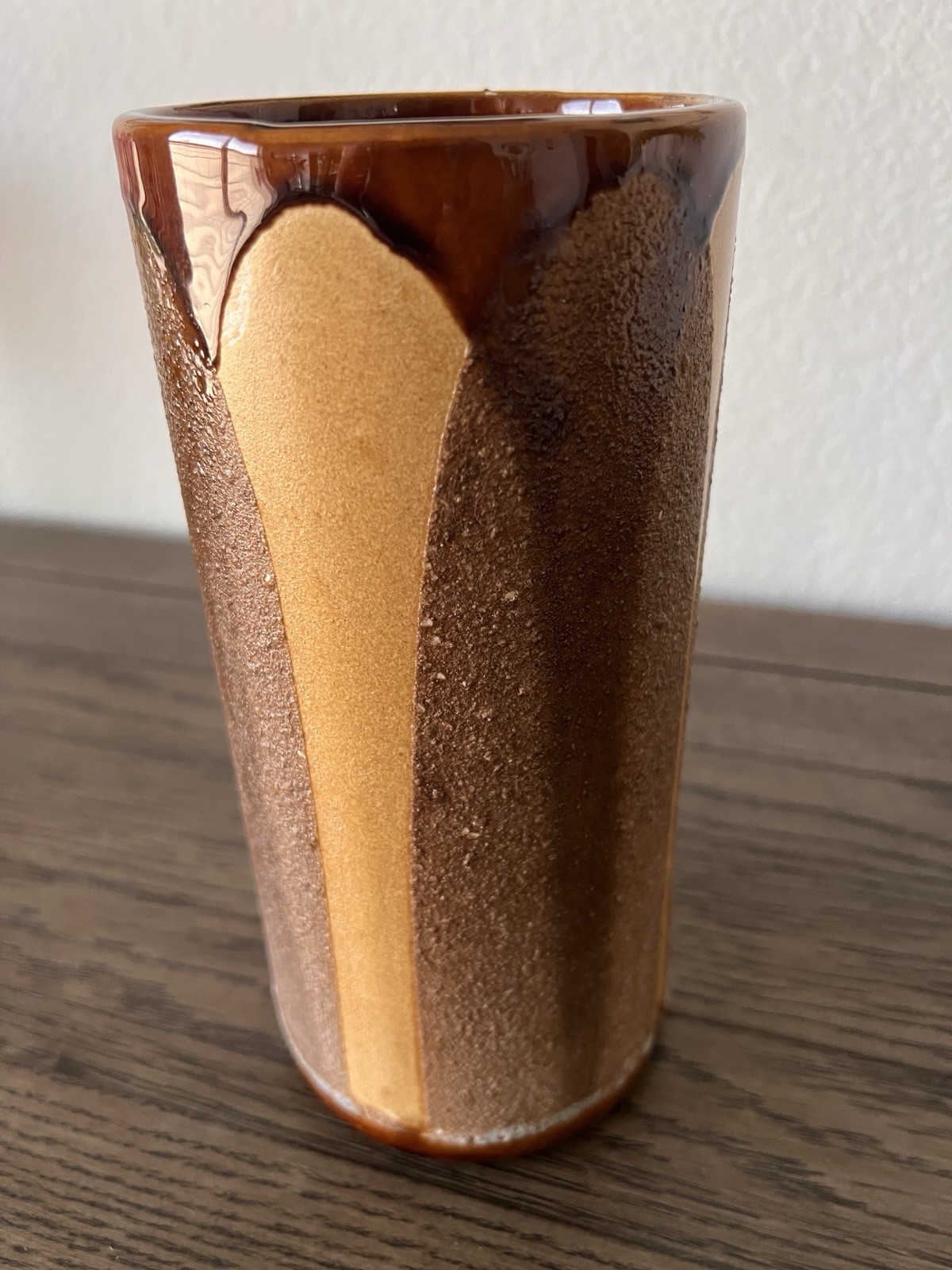 Vintage Brown Tan Drip Glaze Textured Haeger Pottery Cylinder Vase 9” T USA 3917