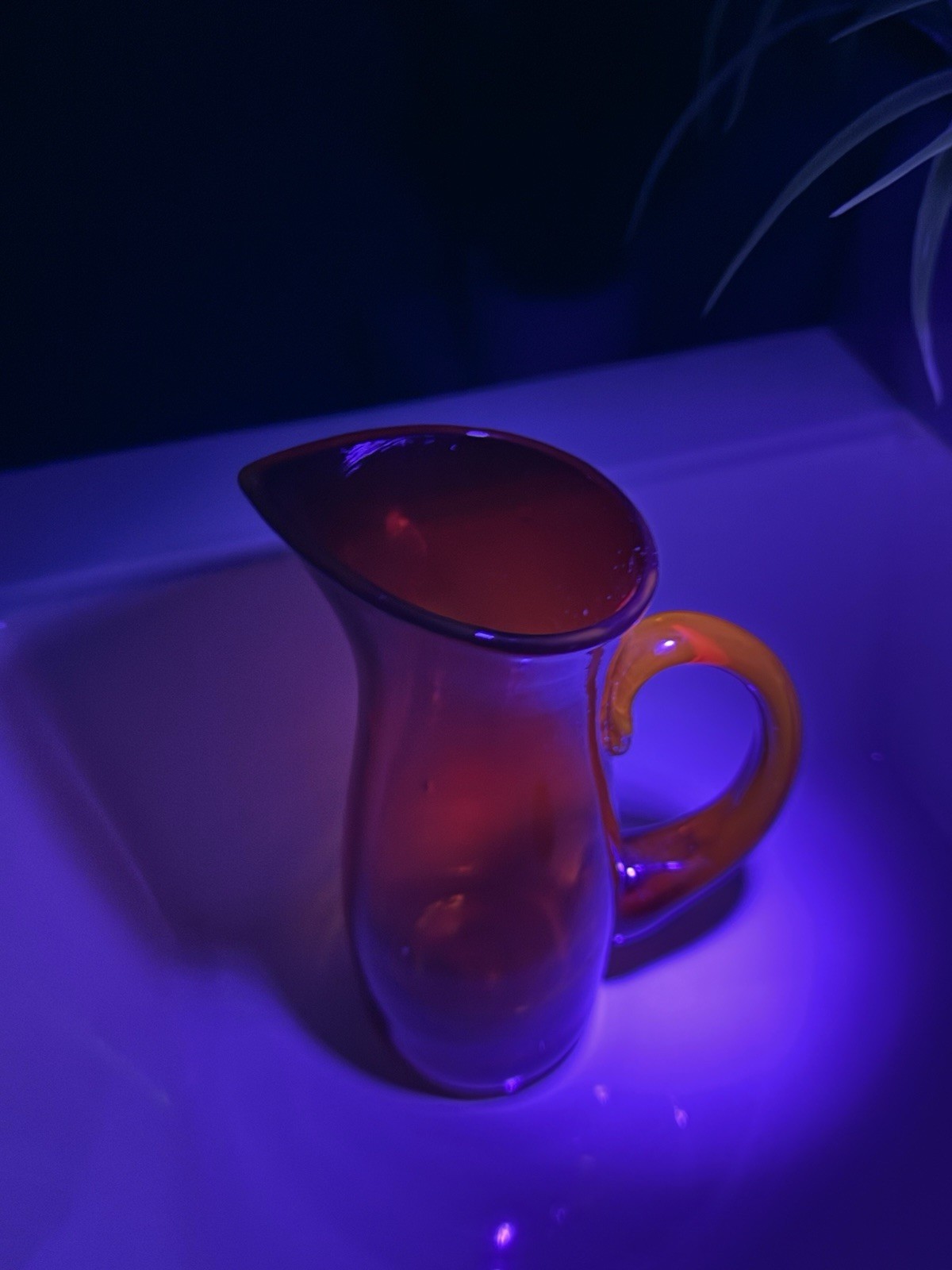 Vintage Small Amberina Glass Hand Blown Glowing Pitcher with Orange Handle 7.5”