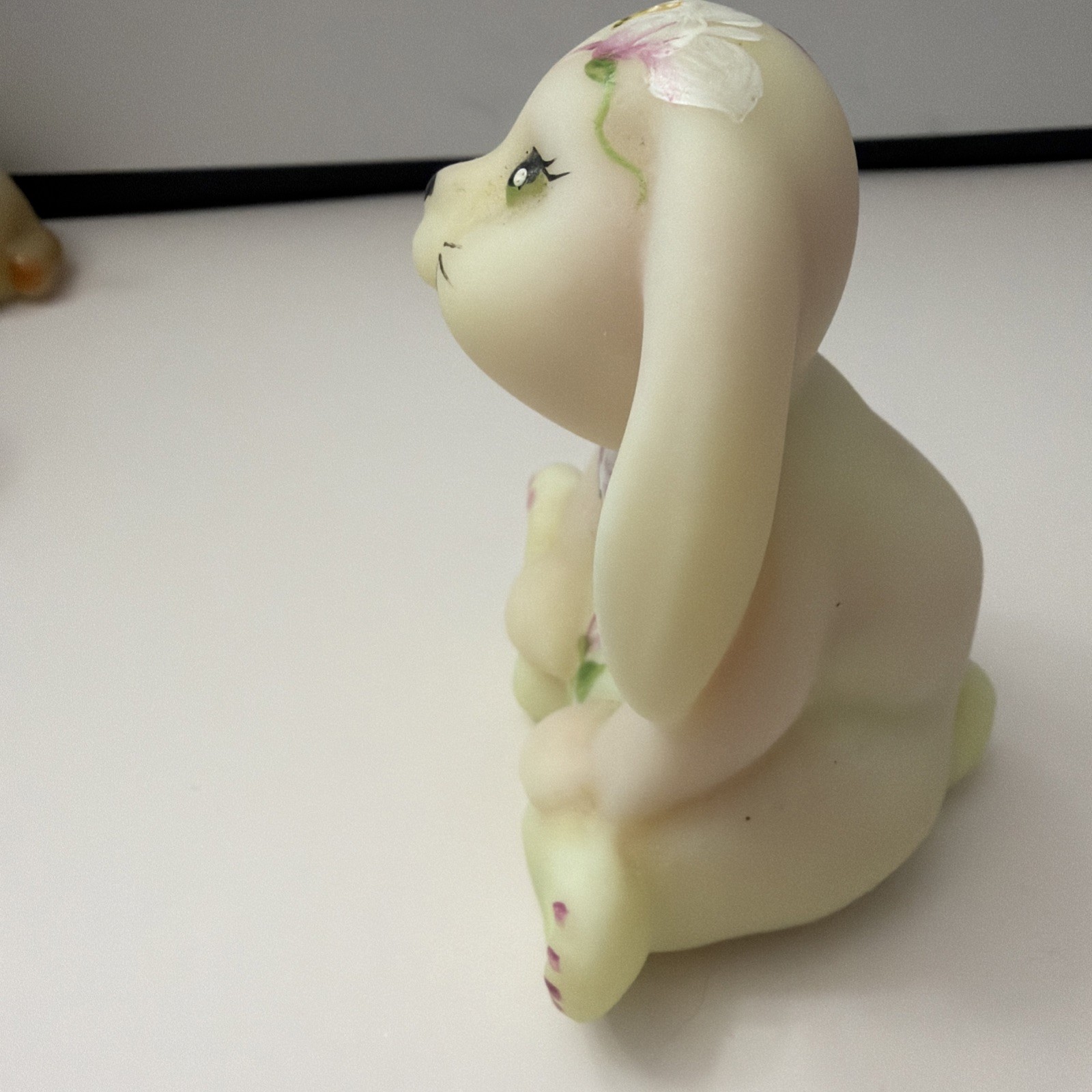 FENTON ART GLASS 2010 BURMESE SATIN LOP-EARED BUNNY FIGURINE -J. CUTSHAW