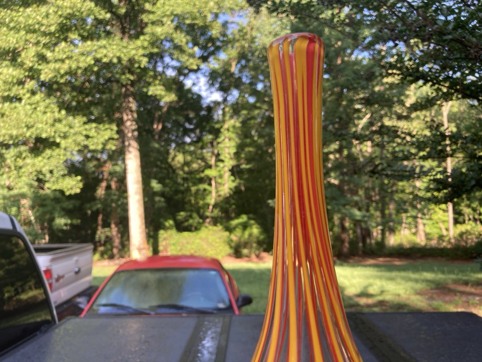 Stunning Signed Sam Stang Art Glass Blown Bottle Vase / Oval Windows