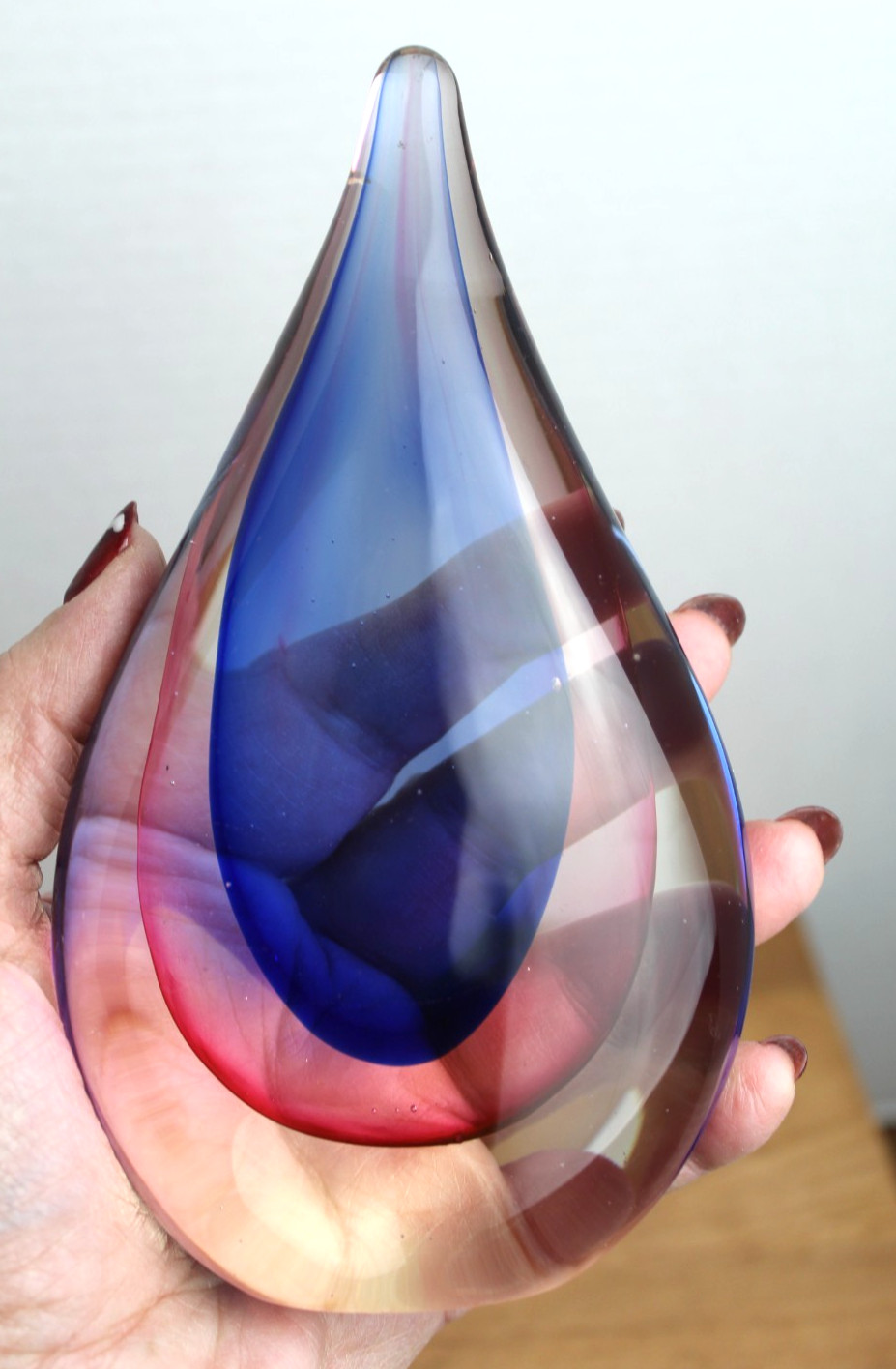 Art Glass Paperweight Red Blue Clear Teardrop 6.5” Tall