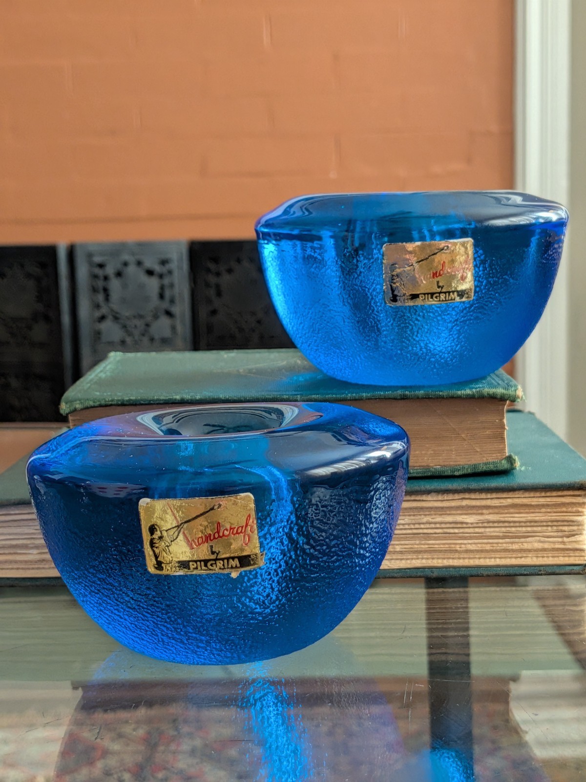 Vtg Pilgrim Glass Cobalt Blue MCM Candle Stick Holder Set Hand Blown Textured