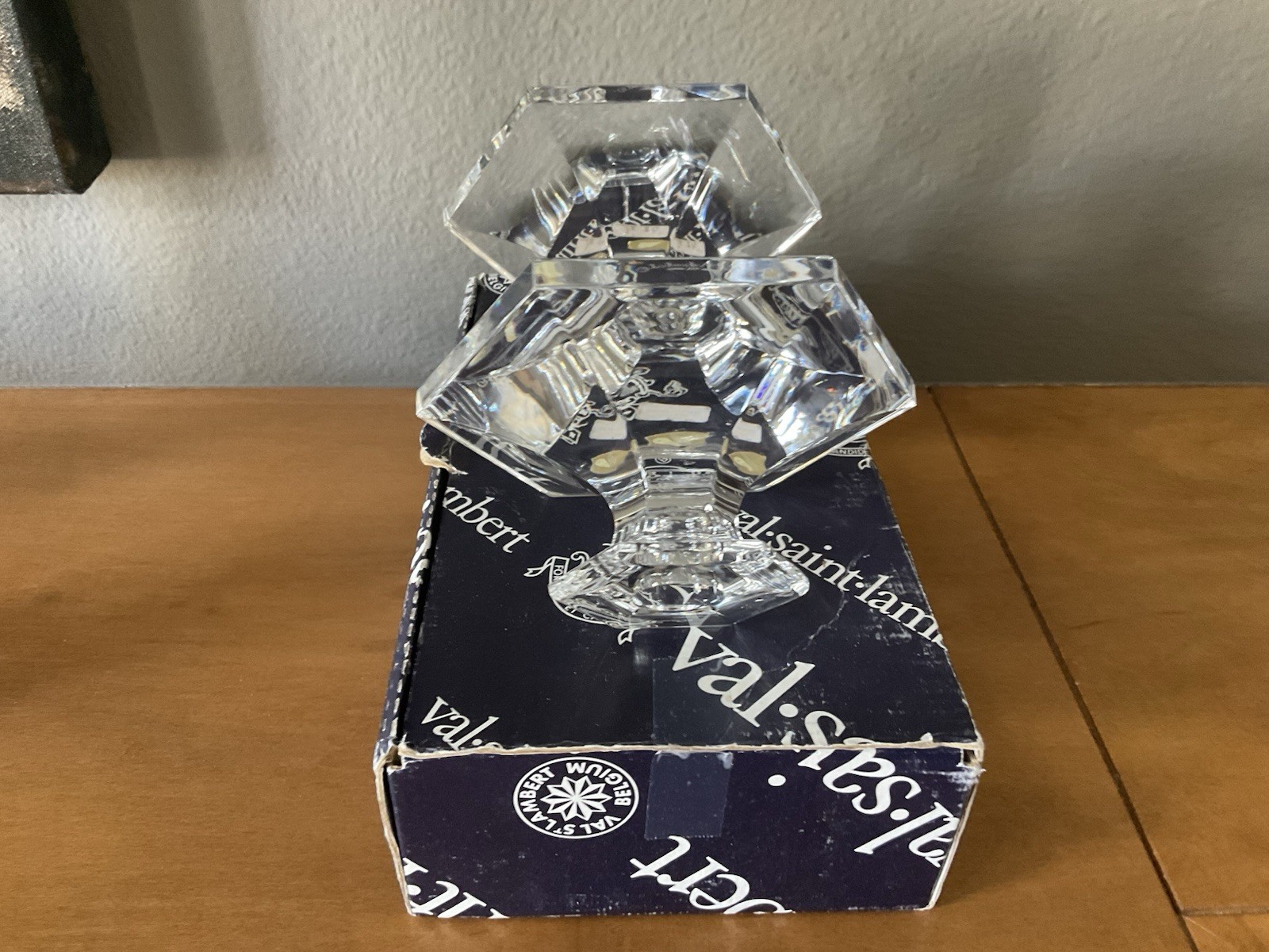 (2) Vintage Val St Lambert Crystal Elysee 2.5″ Candlesticks Belgium Original Box