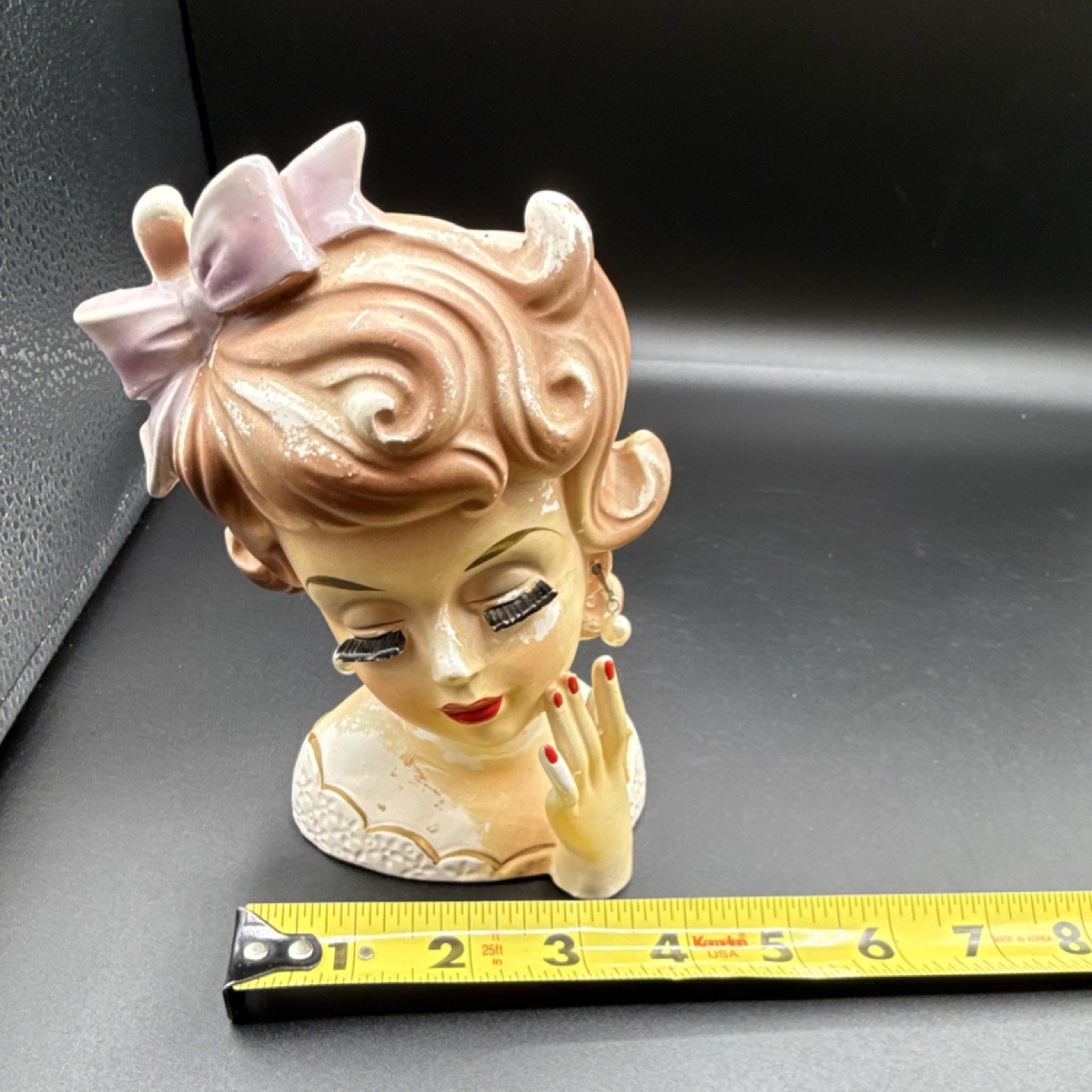 Ceramic Lady Head Vase w/ Bow & Earrings Glossy Pottery Beige Brown MPN 4789