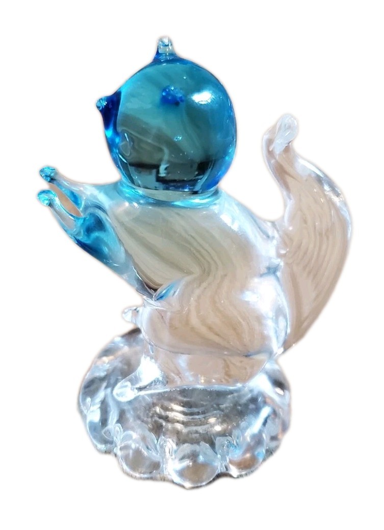 Squirrel Figurine Glass Paperweight Clear and Blue Glass on Round Base