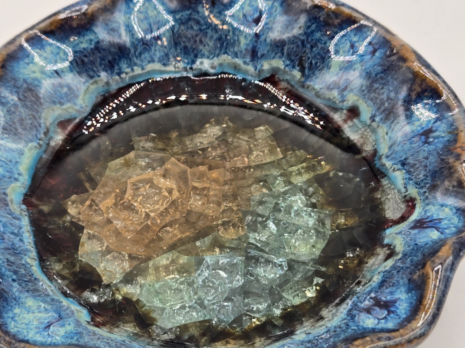 Handmade Pottery Trinket Dish Crystalline Bottom Wavy Edge Blues Browns