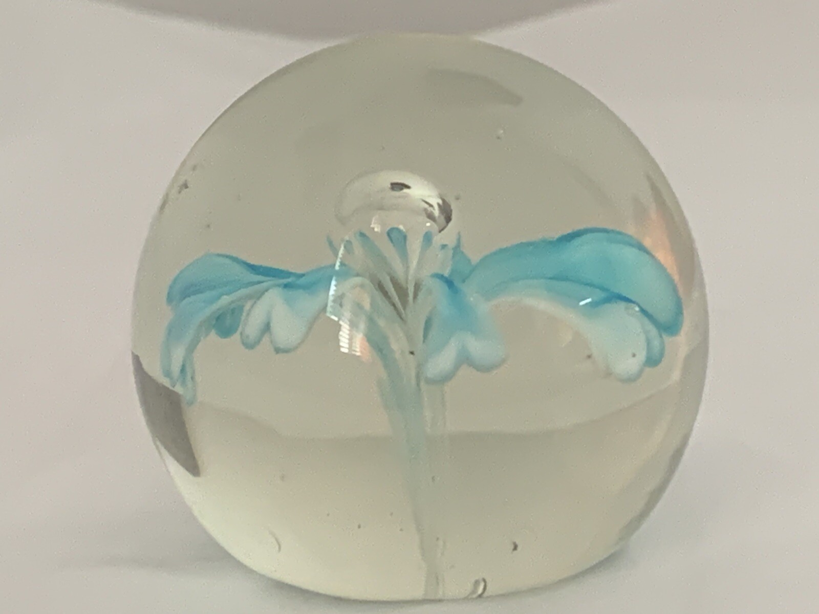 Blown Aqua/Turquoise Flowers inside Art GLASS PAPERWEIGHT 2.25”