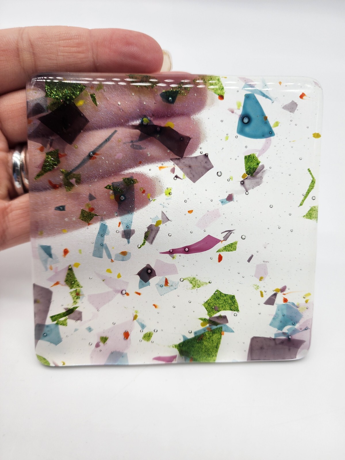 Fused Glass Square Tile Coaster Trivet Green Purple Blue Clear Iridescent 4″×4″