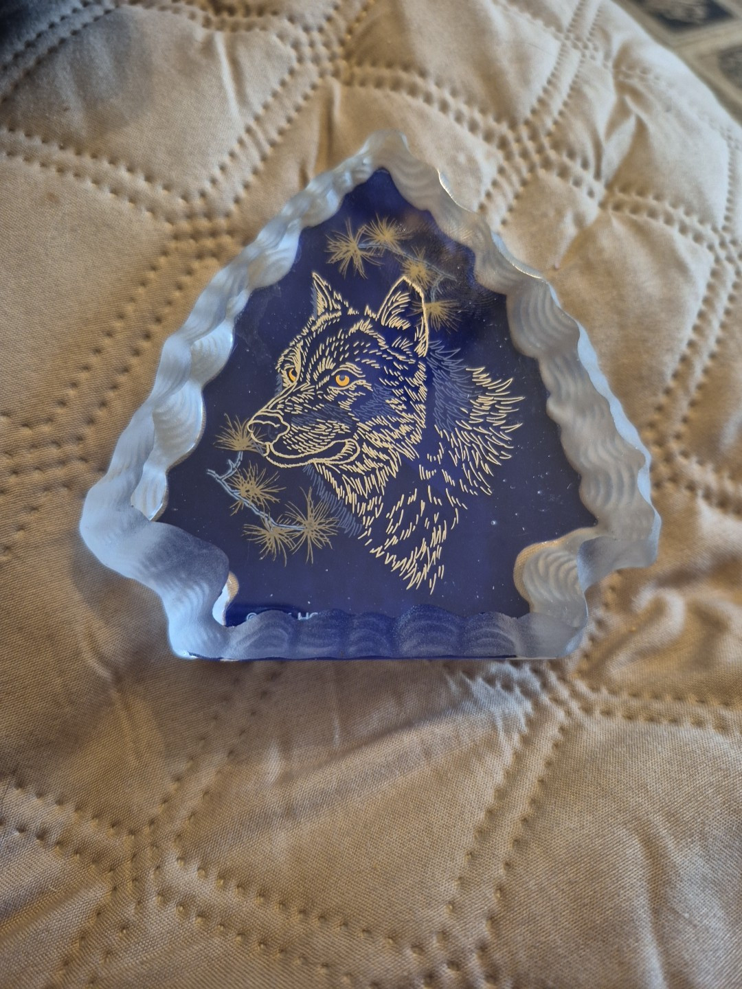 Crystal Glass Arrow Head Shape with Wolf Head On A Blue Background 1996