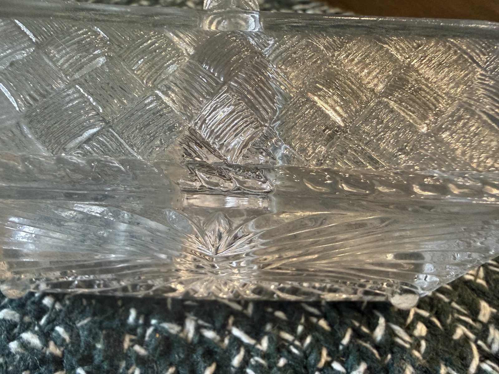 Vintage Clear Pressed Glass Basketweave Double Handled Condiment Basket Caddy