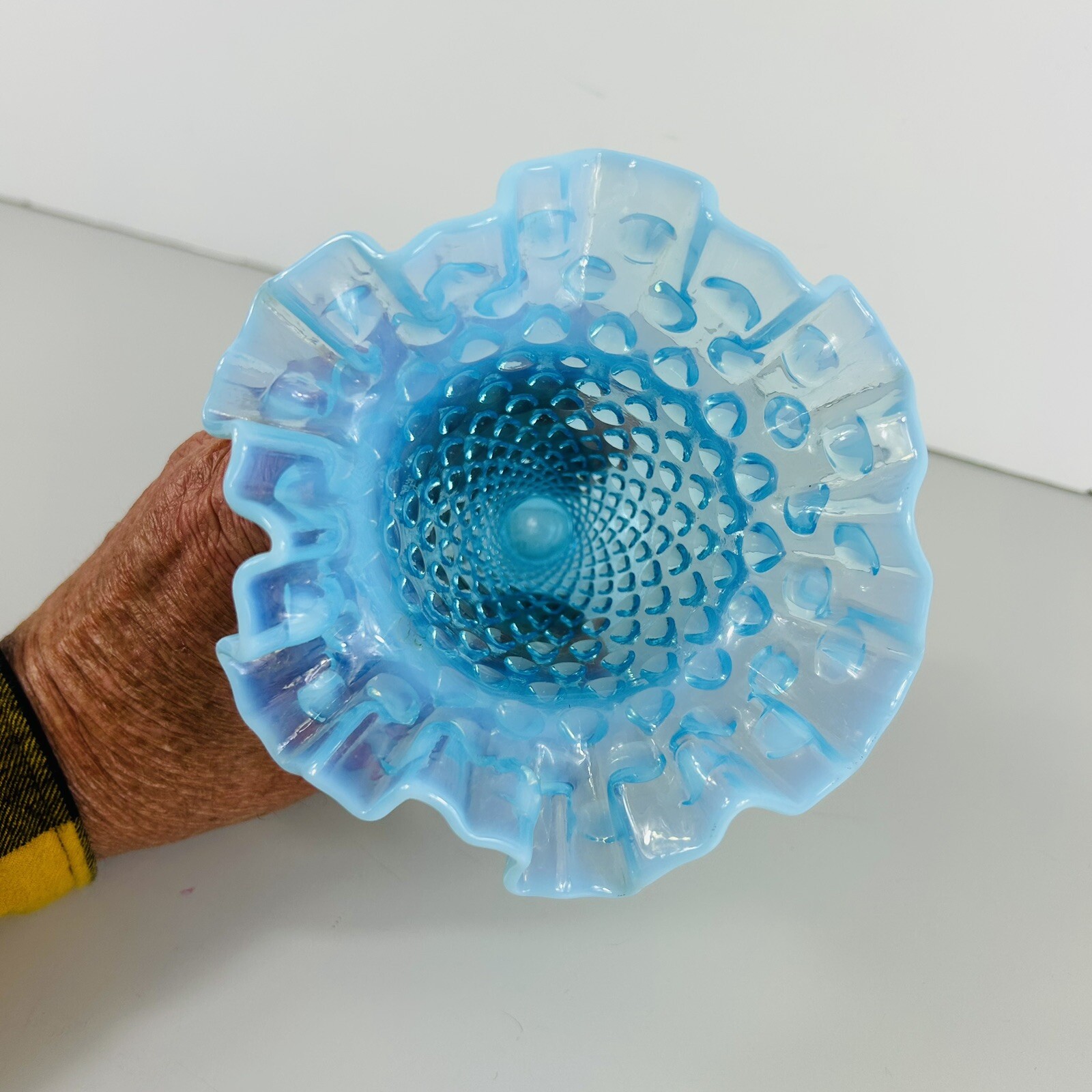 Vintage Opalescent Aqua Blue Glass Hobnail Vase Fluted Ruffled Edge Footed 5.75″