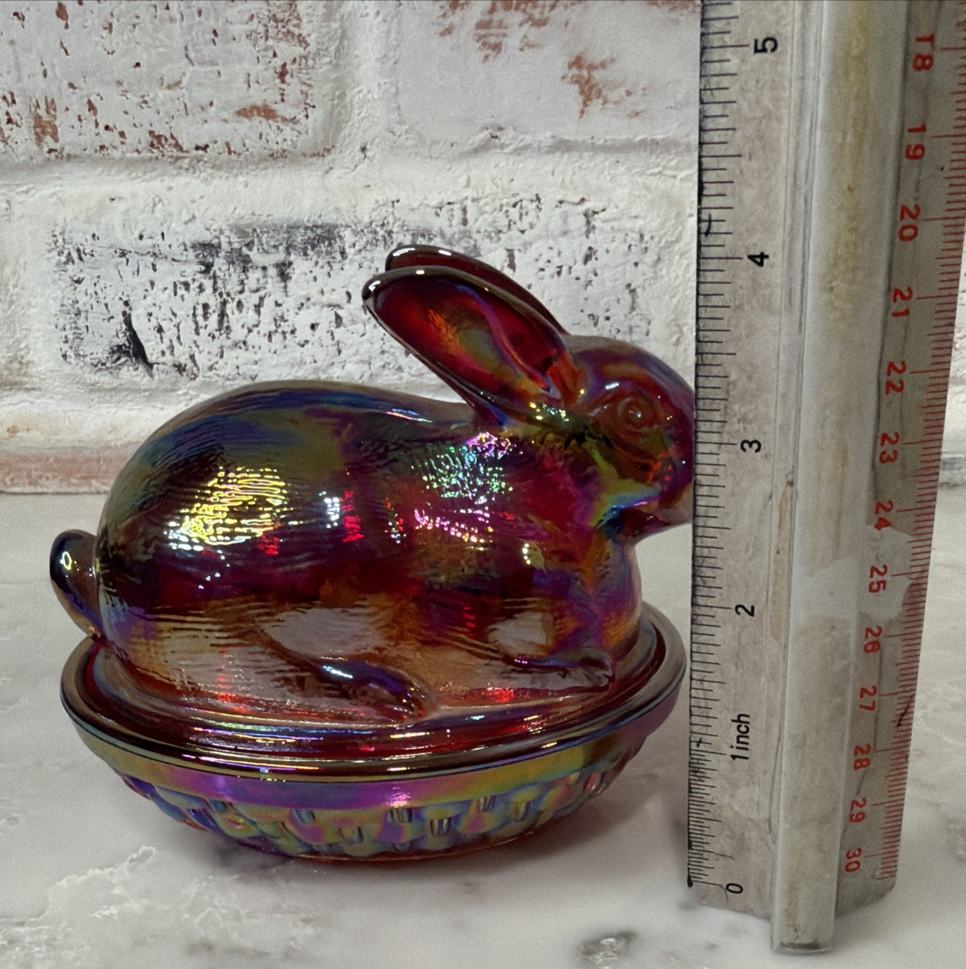 Rare Vintage LE Smith Rabbit Bunny On Nest Cadmium Carnival Glass