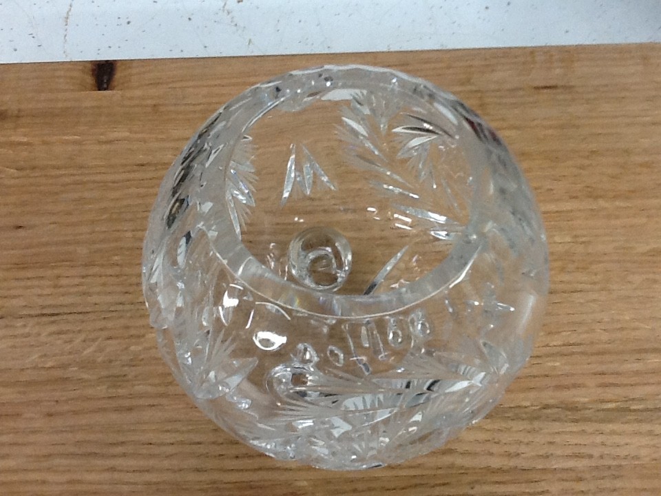 Vintage Hand Cut Lead Crystal 3 Footed Rose Bowl Whirling Star Pinwheel Pattern