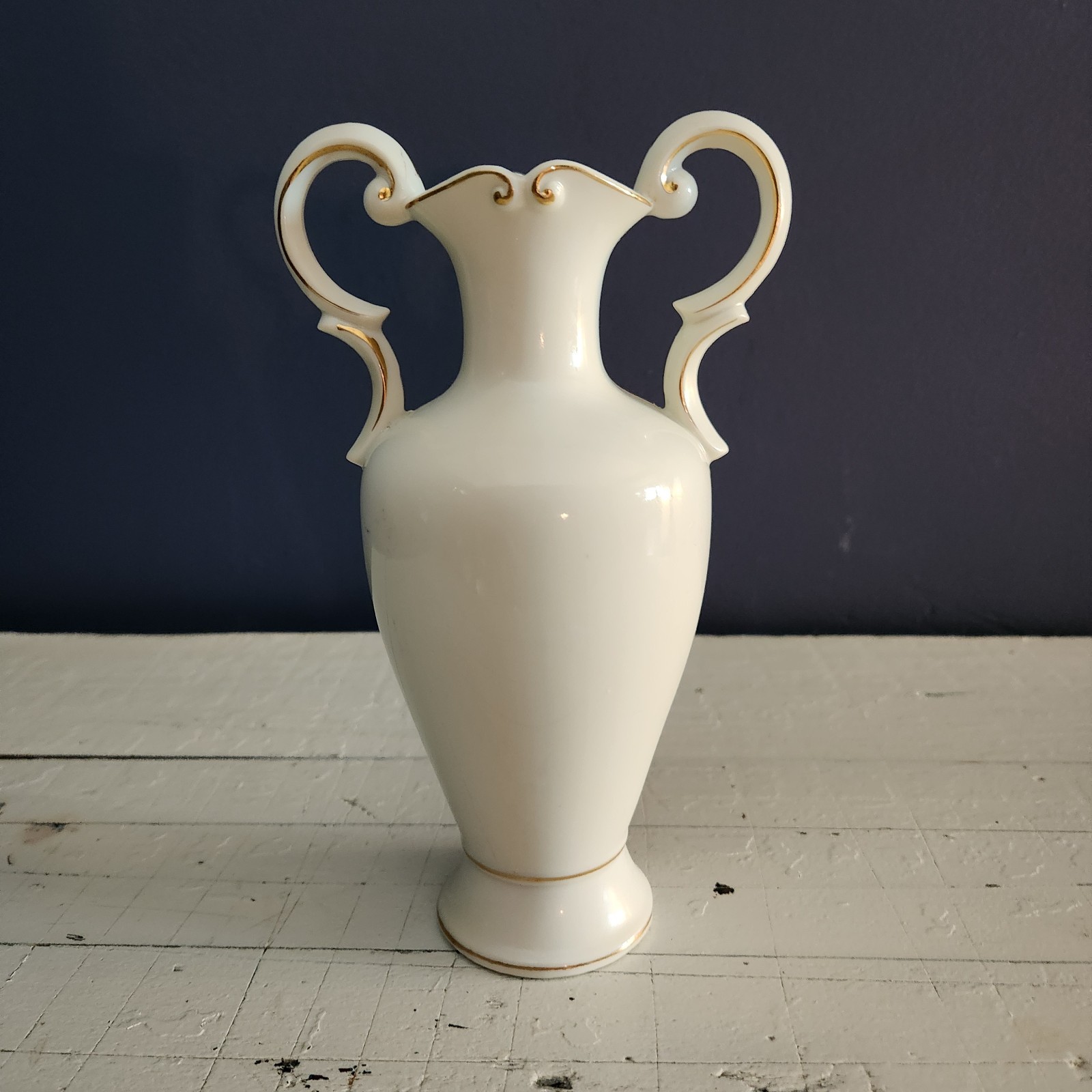 Porcelain White Pink Gold Floral Double Handle Vase 8in Glossy MPN 7300A