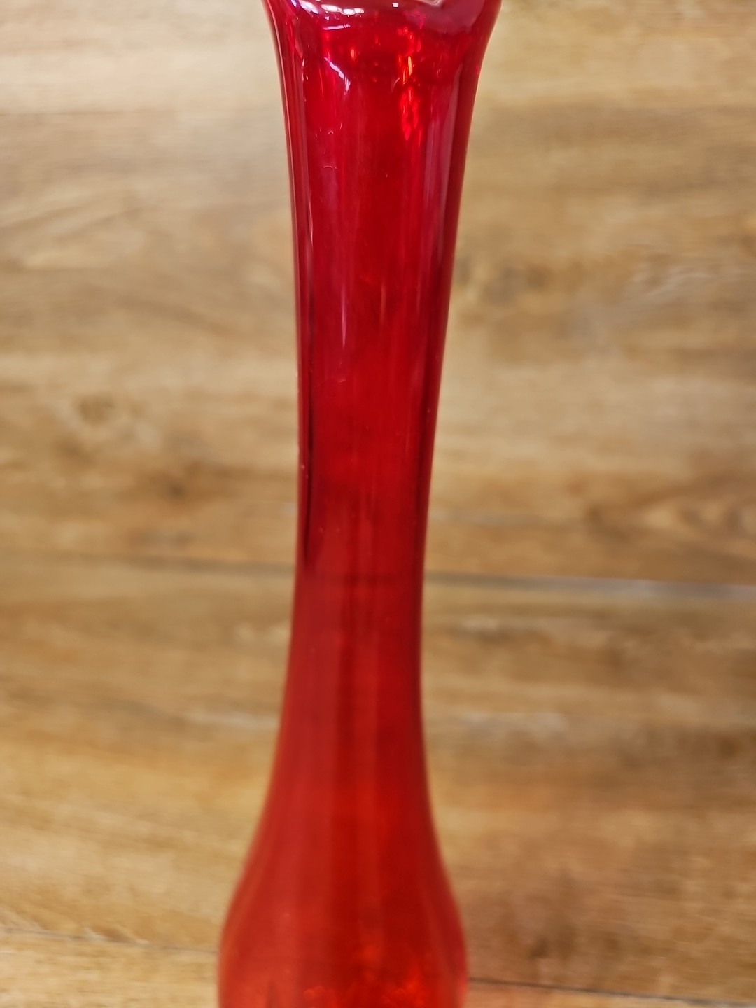 Vintage MCM Retro 1960s Art Glass RED Swung Flower Bud Vase Hand Blown 11.5″