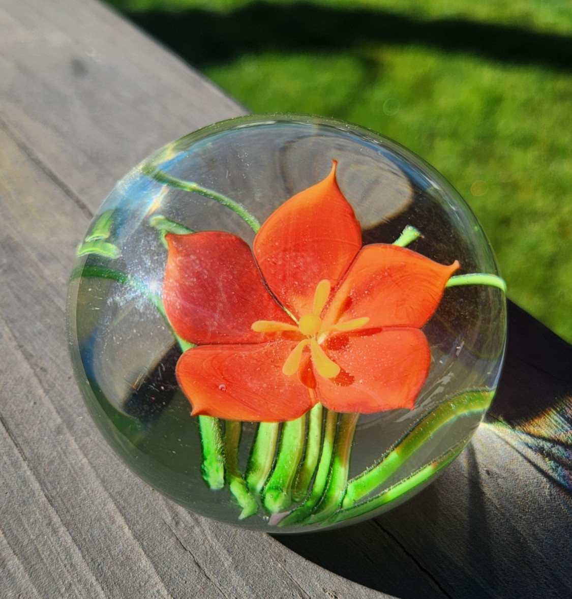 Art Glass Orange Flower Paperweight Tropical Round Floral String Leaves Vintage